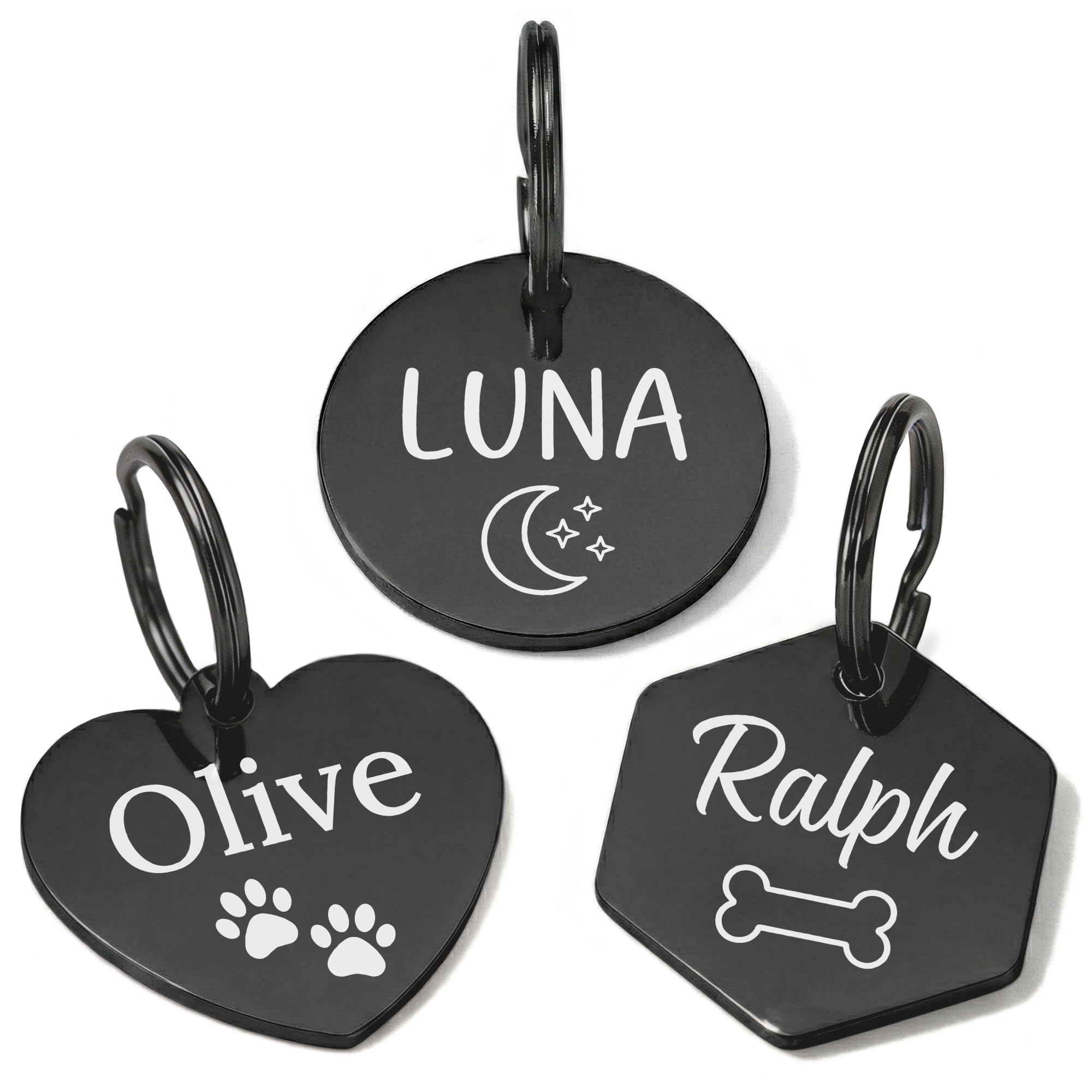 Dog Tags for Pets Engraved, ID Tag, Personalised Dog Name Tags, Customised Cat Tags, Laser Engraved Stainless Steel Pet Tags for Dogs, Cats, Puppy (Black, Round Tag)