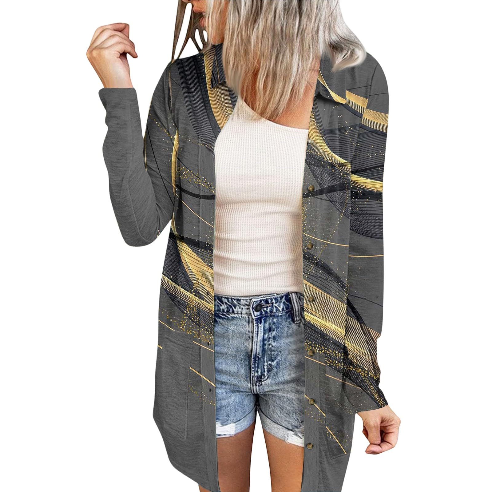 MKLUNJOP Womens Open Front Lightweight Cardigan 2025 Long Sleeve Floral Print Business Casual Cardigans With Pocket