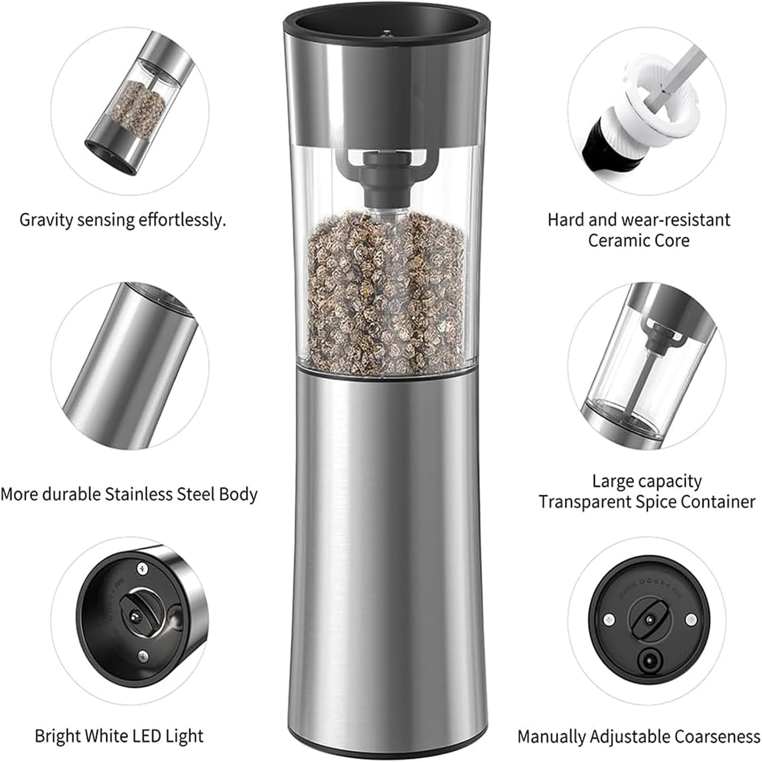 USB Rechargeable Salts Peppers Mill Grinder Automatic Salts Grinder Adjustable Coarseness for Cooking Easy Mill