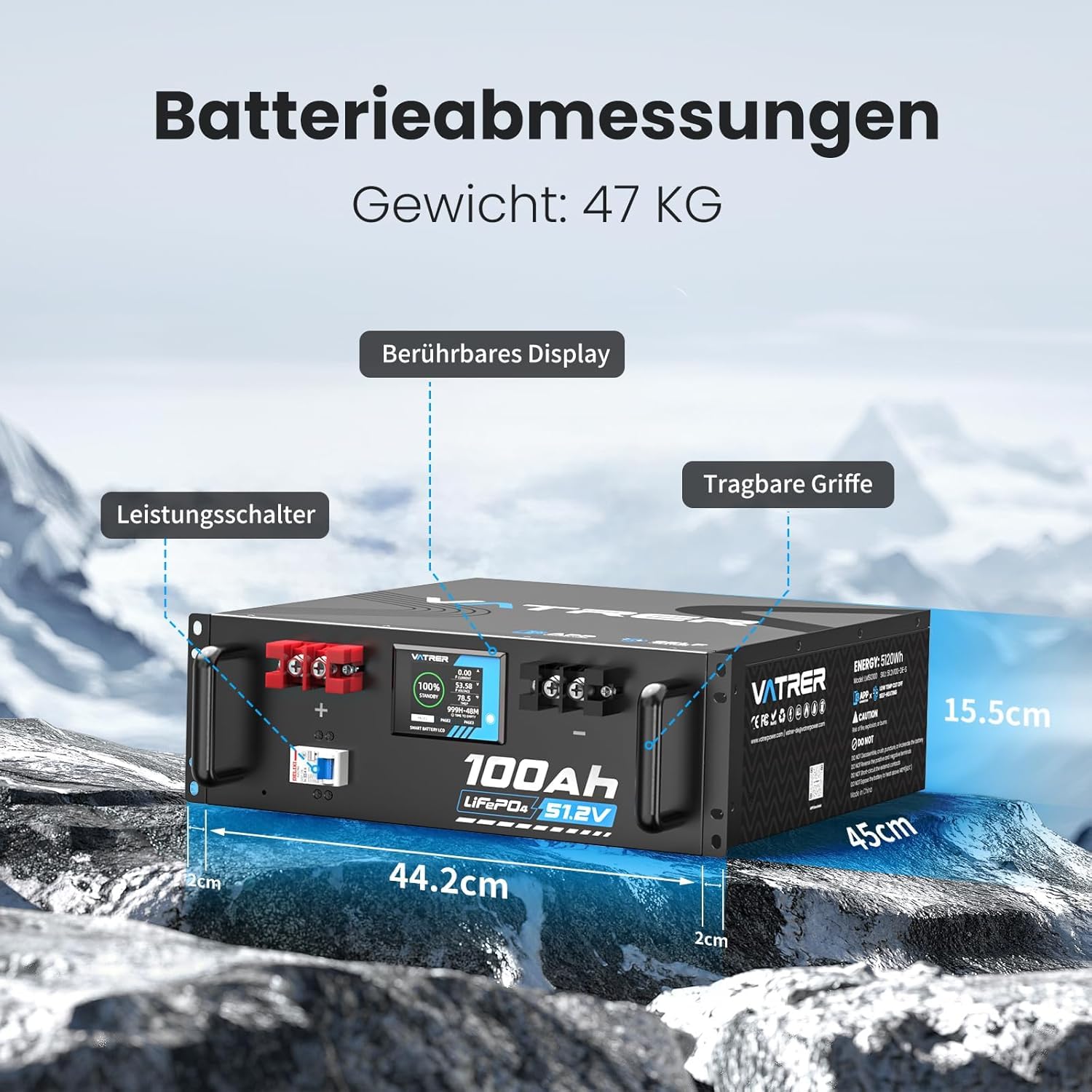 VATRER POWER Batteria LiFePO4 51,2V 100Ah Touch Display APP 100A BMS | Display touch integrato e monitoraggio completo della batteria tramite APP Bluetooth