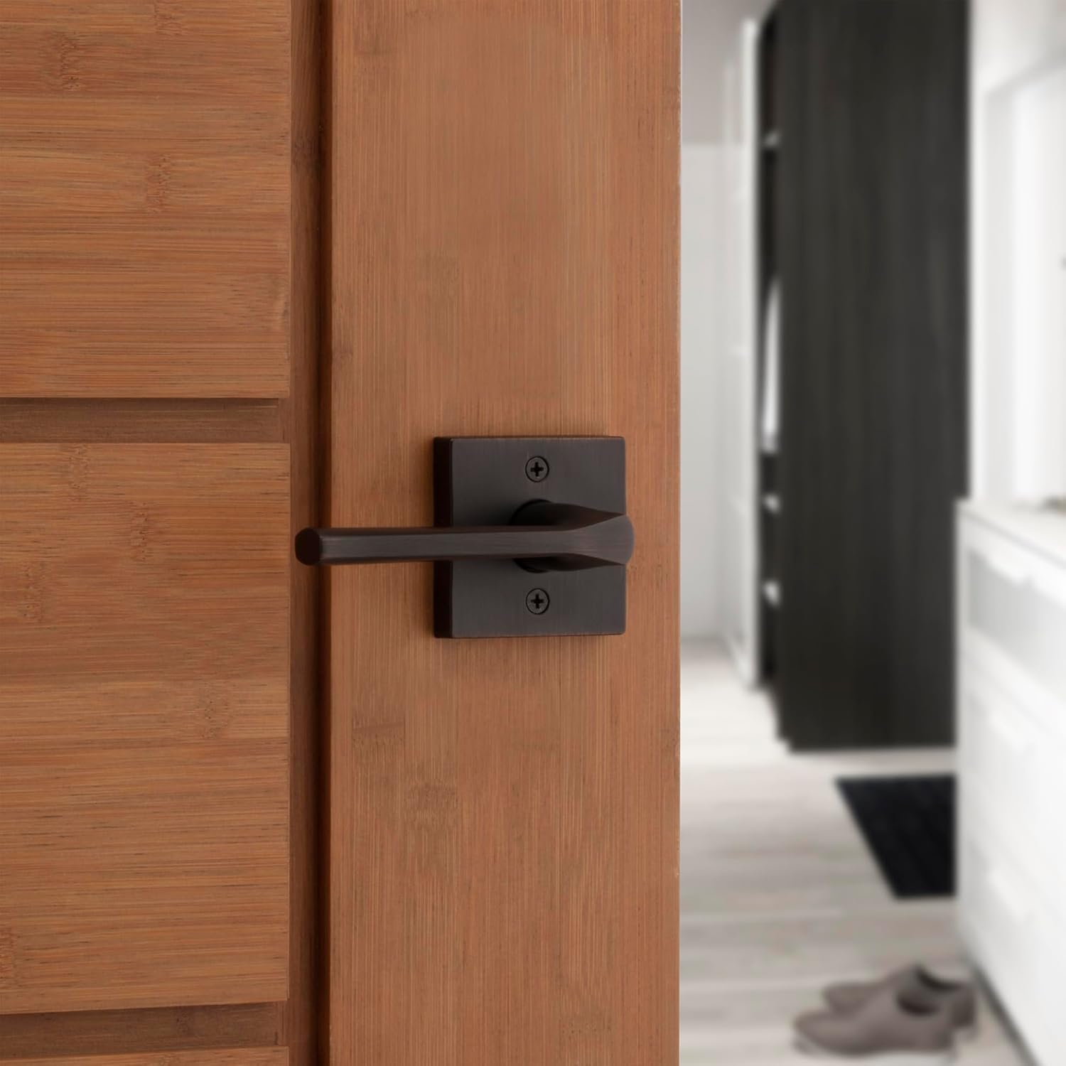 Kwikset Lisbon Interior Privacy Door Handle with Lock, Door Lever For Bathroom and Bedroom, Venetian Bronze Reversible Keyless Push Button Lock Door Lever