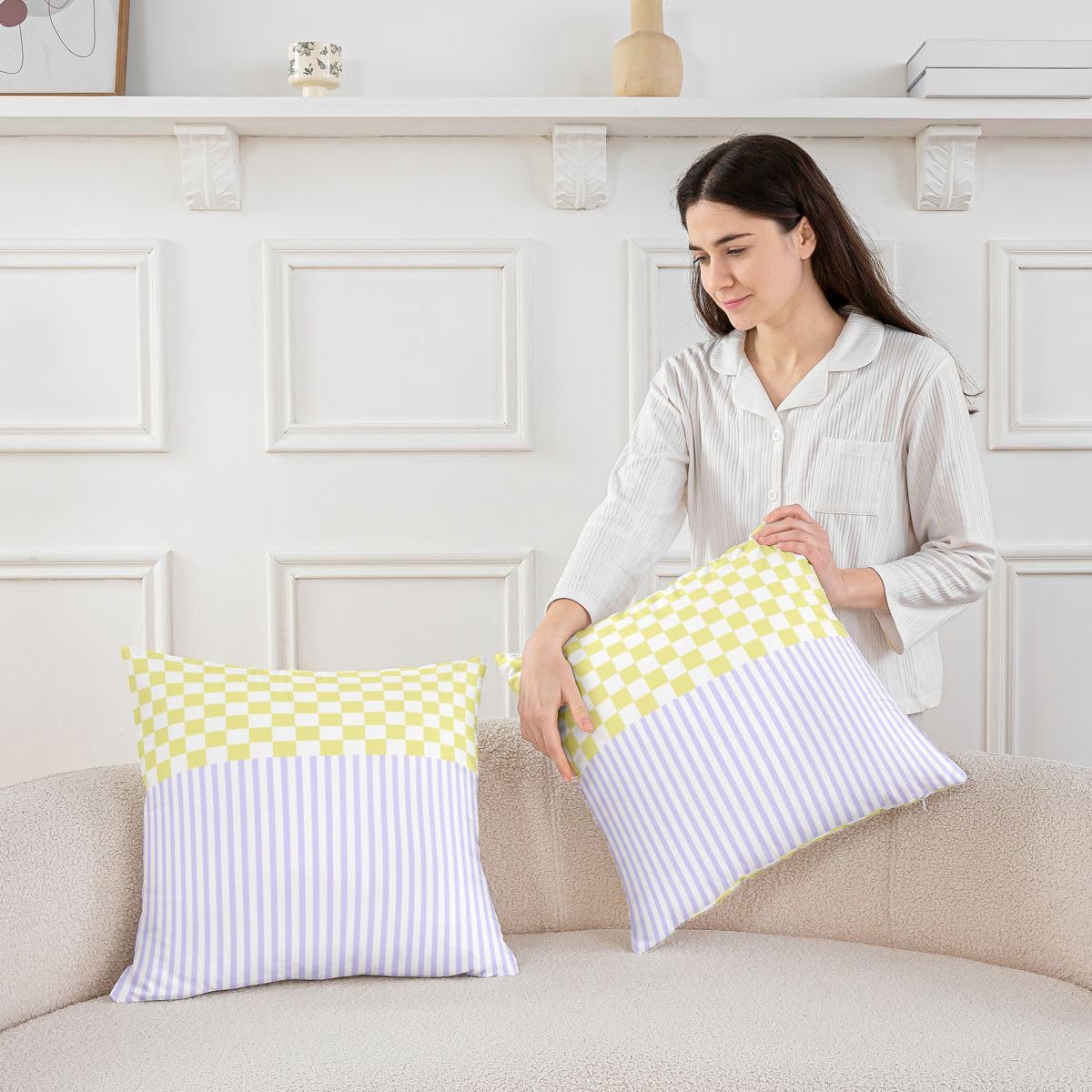 Homewish Poszewka na poduszkę w fioletowe paski, 4 sztuki, 20 x 50 cm, żółta, w kratkę, teksturowane paski, luksusowa dekoracyjna poszewka na poduszkę