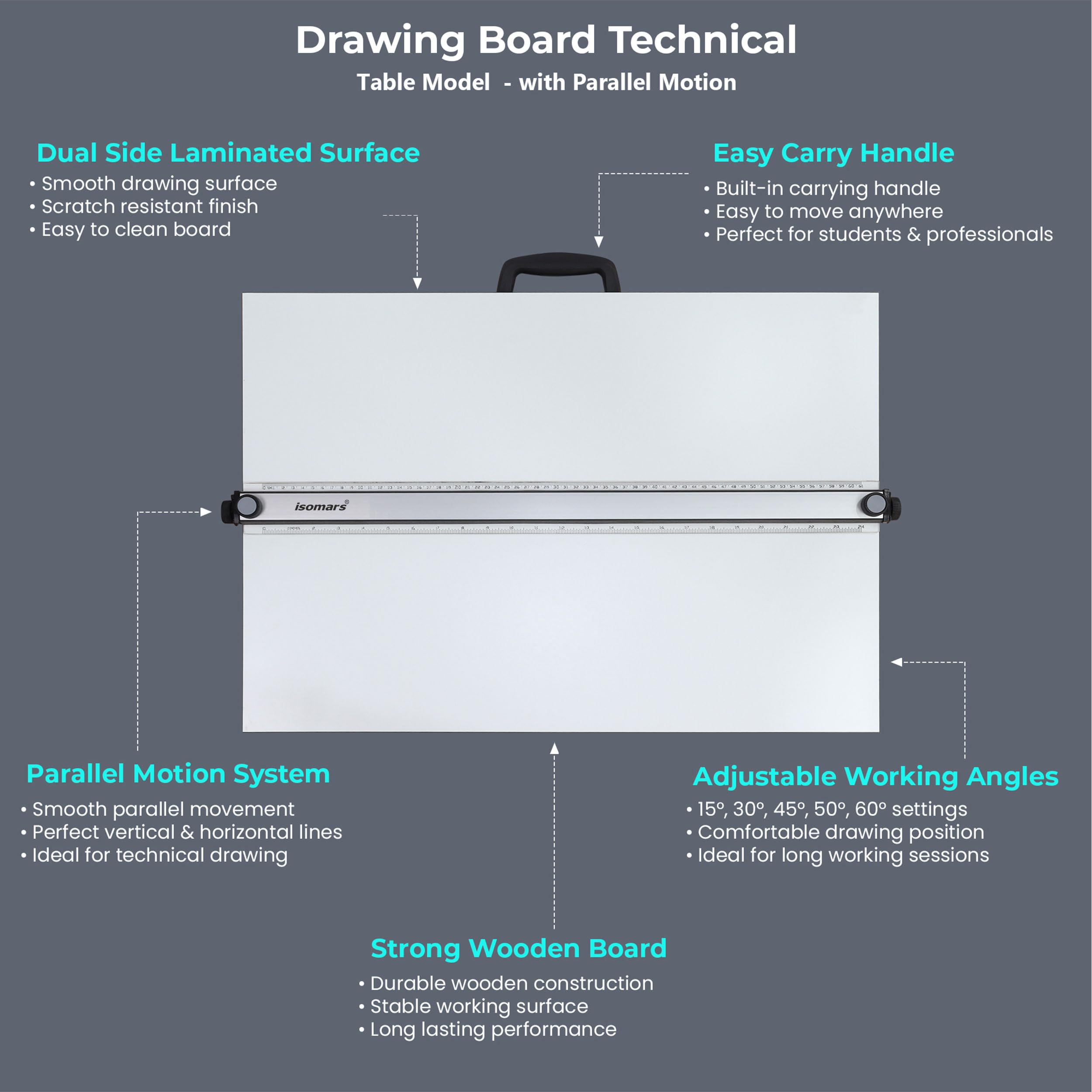 Isomars Melamine Drawing Board - Table Model with Parallel Motion - A2 Size- 18.5" x 25.5" | Ideal for Architects, Engineers, Designers & Artists Students and Professionals (A2 with Ruler) — Amazon image 4