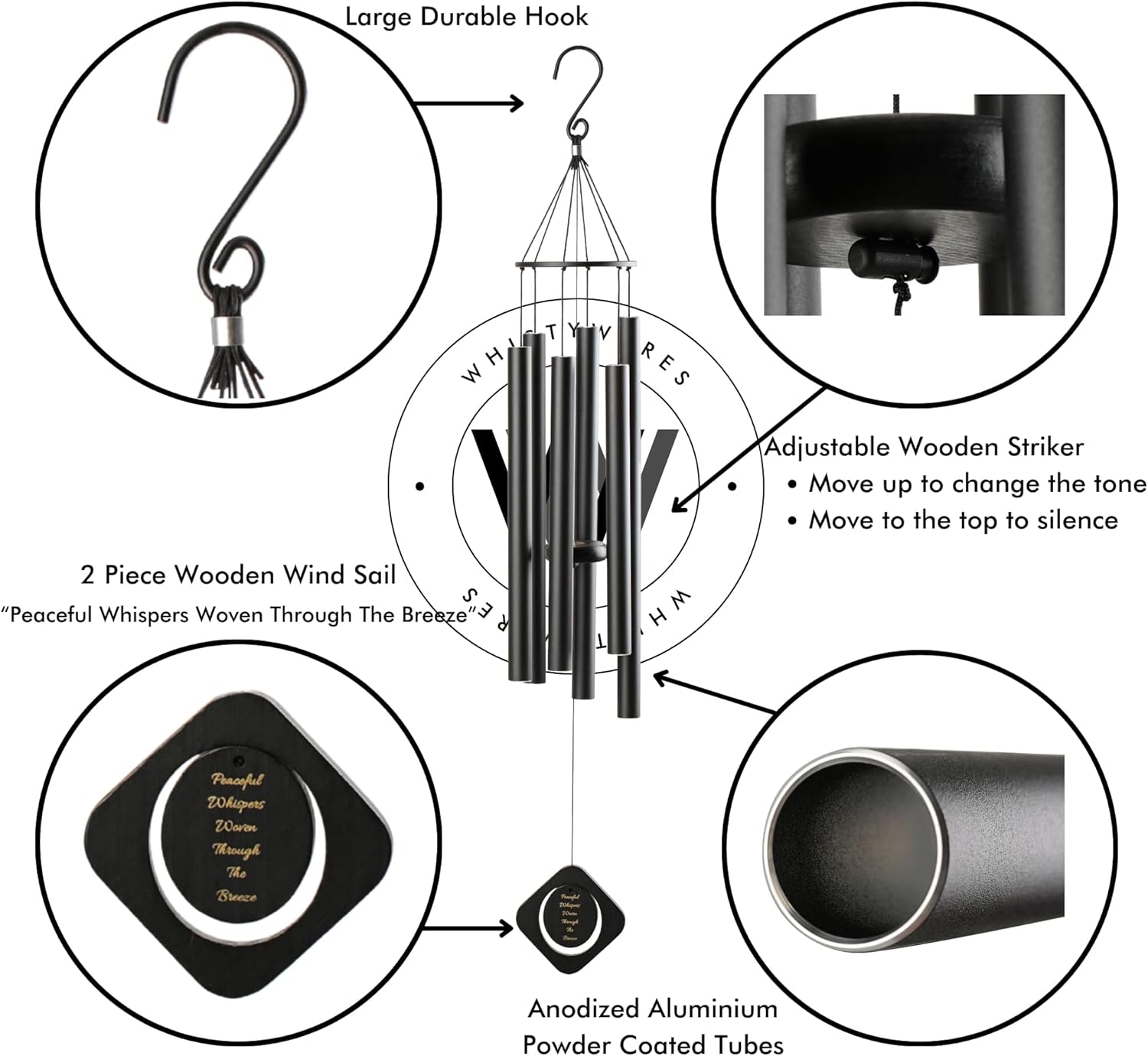 Whistywares Deep Tone Outside Wind Chime - Large Tube Wind Chimes for Outdoors - Soothing Tuned Tones - Ideal Feng Shui Chime - Windchime for Home, Garden or Patio.