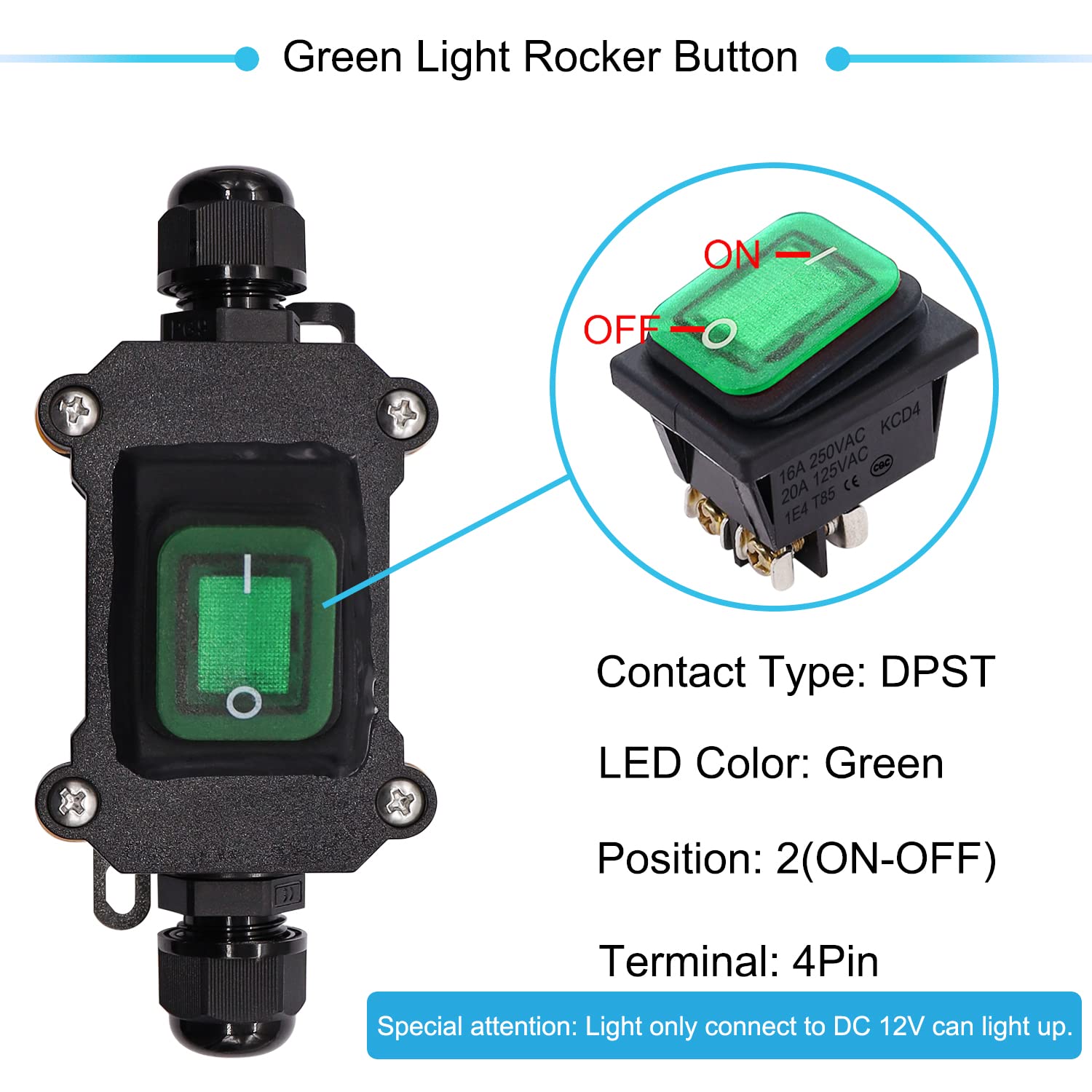 IP67 Waterproof Inline Cord Switch 12V DC 20A DPST 4Pin 2 Position On Off Outdoor Toggle Switch + 18 Gauge Electrical Wire 2 Conductor - 25ft/7.62m 18AWG