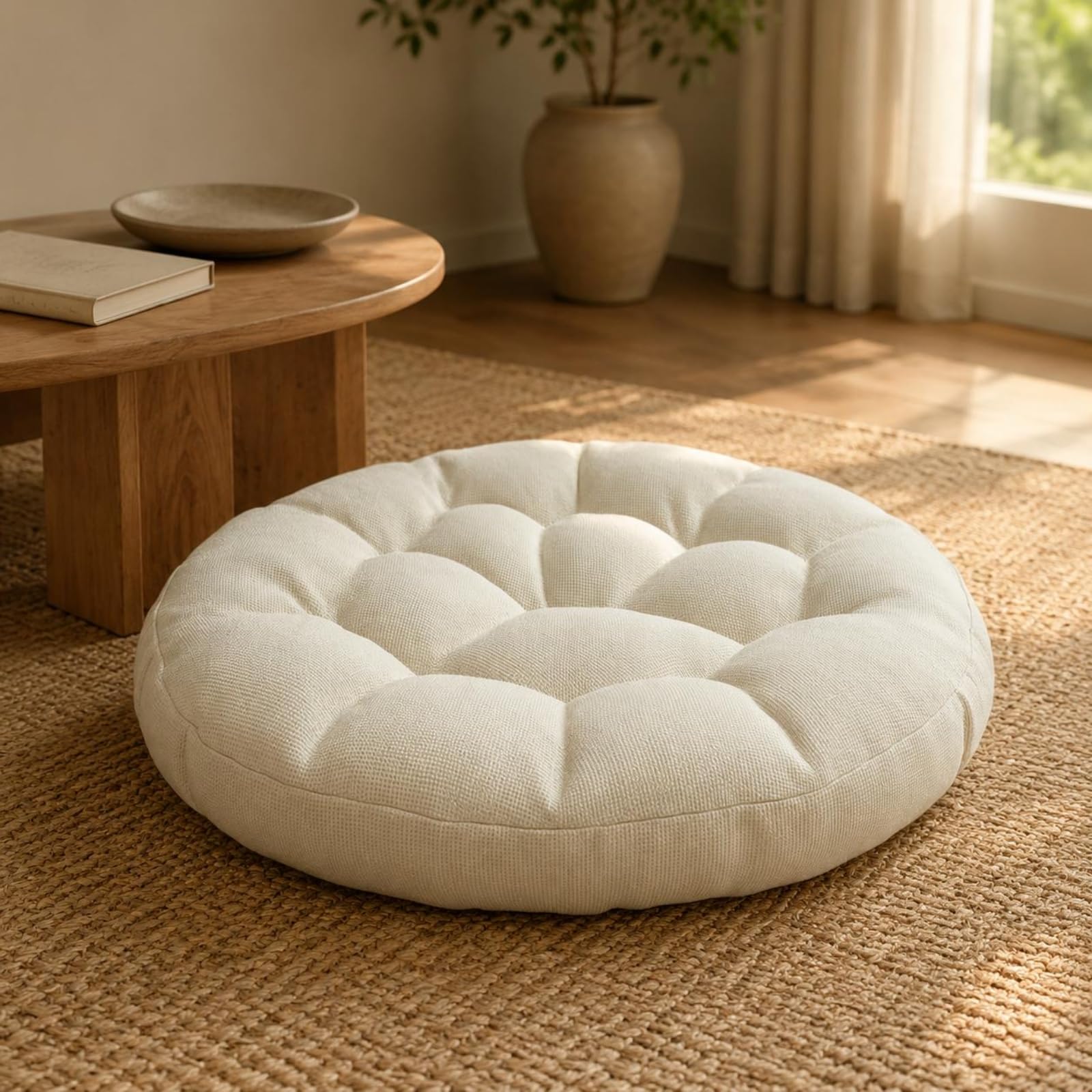 Cuscino Meditazione Rotondo Cuscino Pavimento Seduta Cuscino Tondo Tappetino Meditazione con Imbottitura in Cotone Lino con Trapuntatura Adatto a, Grigio Chiaro