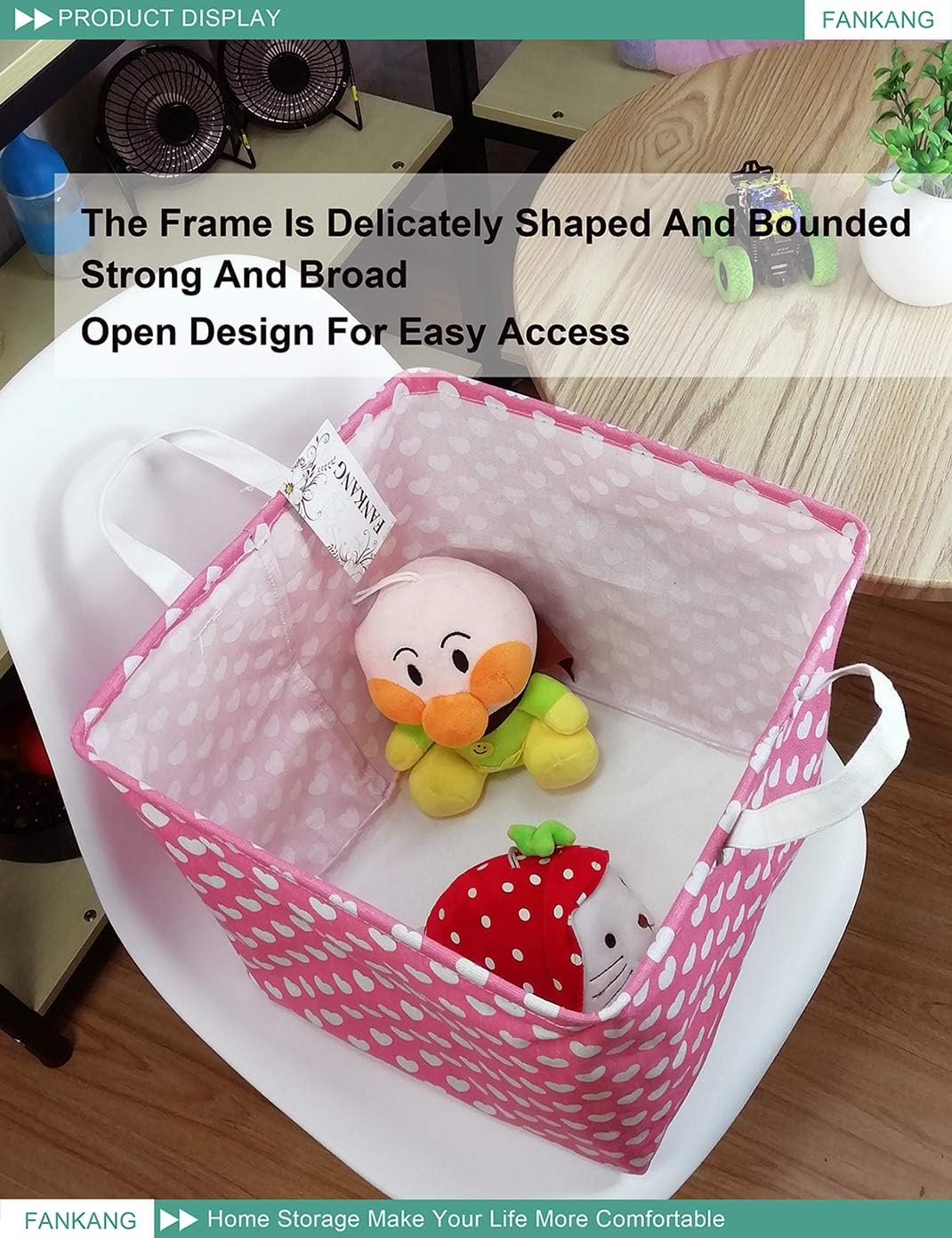 FANKANG Square Nursery Hamper Storage Bins Canvas Laundry Basket Foldable with Waterproof PE Coating Large Storage Baskets Gift Baskets for Children, Office, Bedroom, Clothes,Toys (Square Pink Heart)