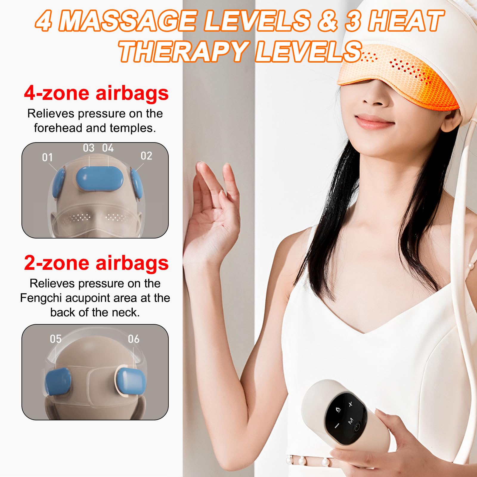 Masajeador de cabeza, cuero cabelludo, masajeador de ojos, gorro eléctrico de alivio de migraña con compresión y masajeador de ojos con calor, 4 modos de presión de aire, 3 niveles de calefacción