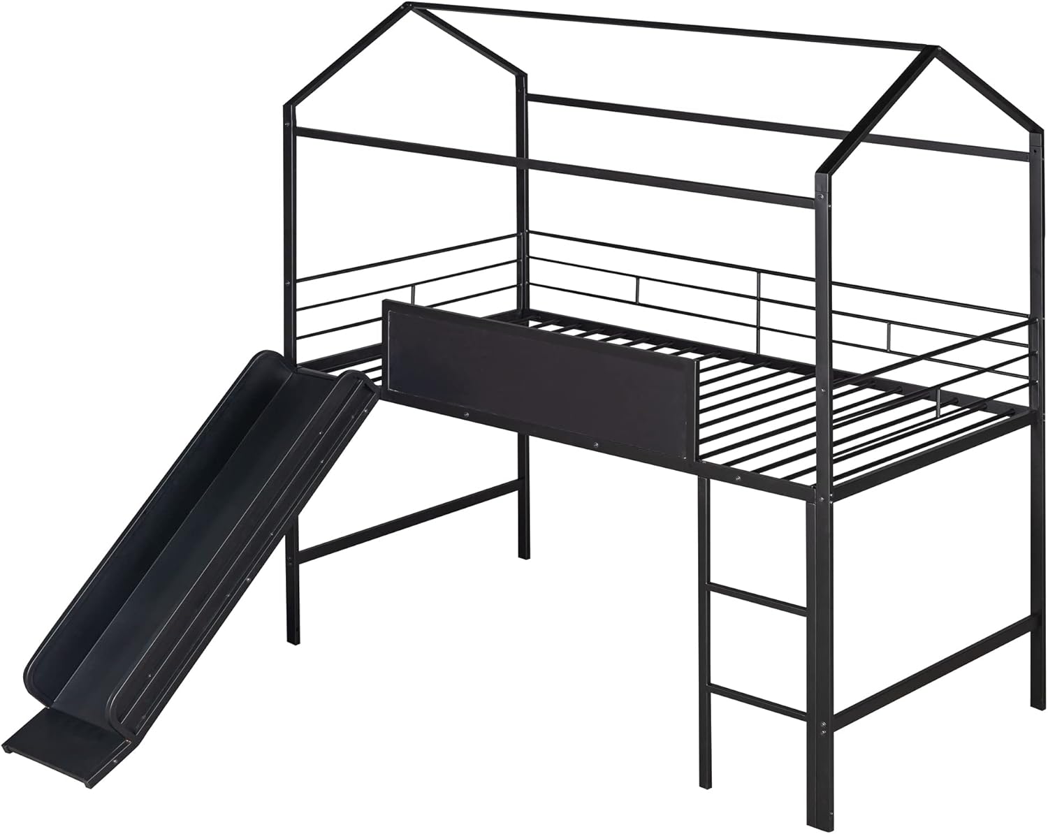 Harper & Bright Designs Twin Size Low Loft Bed for Kids, Metal House Bed with Two-Sided Writable Wooden Board, Low Loft Bed Frame with Ladder and Slide, No Box Spring Required, Slat Support, Black