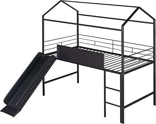 Miniatura 4 de DEINPPA Litera de metal individual con tobogán y escalera cama individual sobre cama individual para niños y niñas
