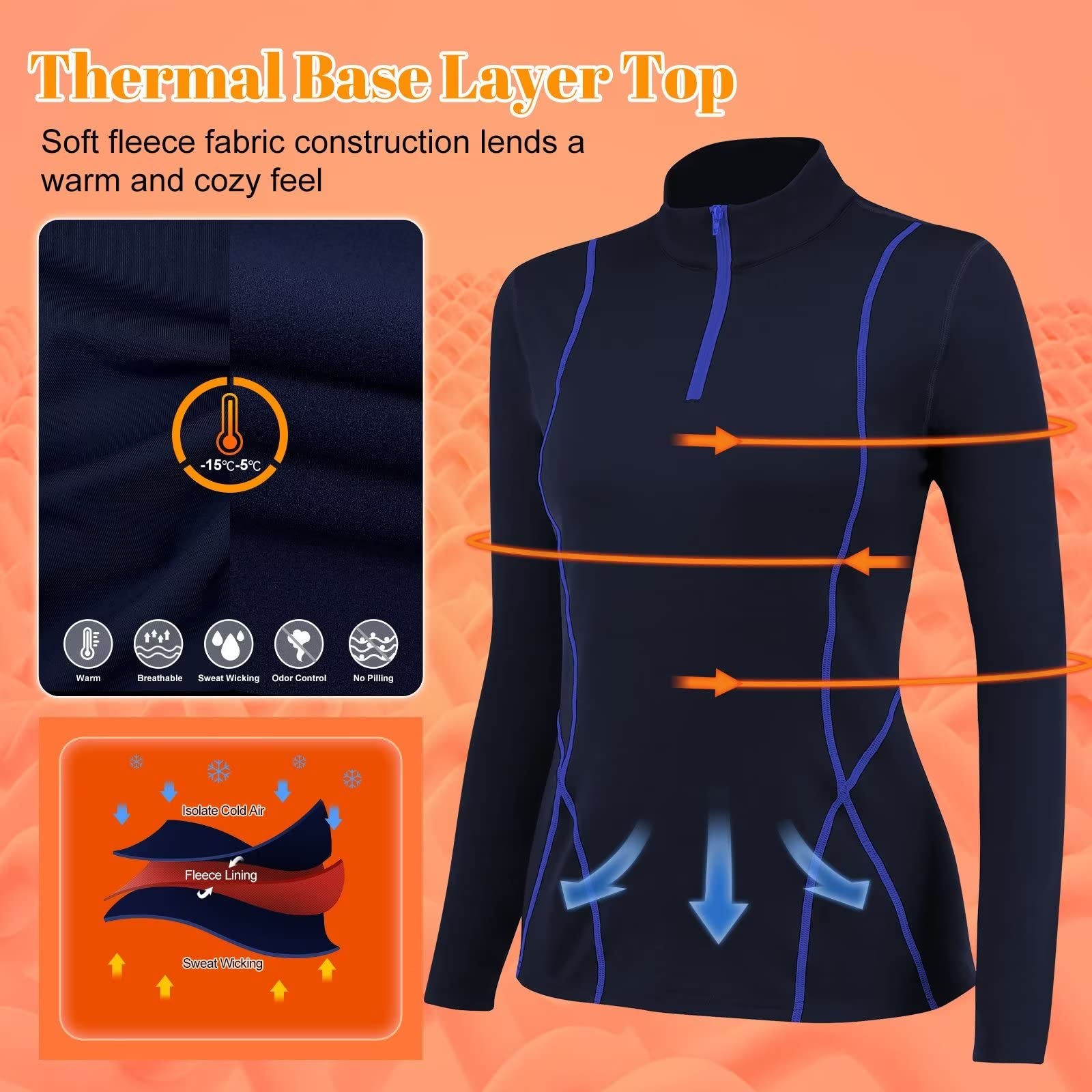 1/4 capa base de esquí para mujer, clima frío, invierno, ropa interior, térmica, para entrenamiento, correr, absorbe el sudor, 13-navy-fleece, Small