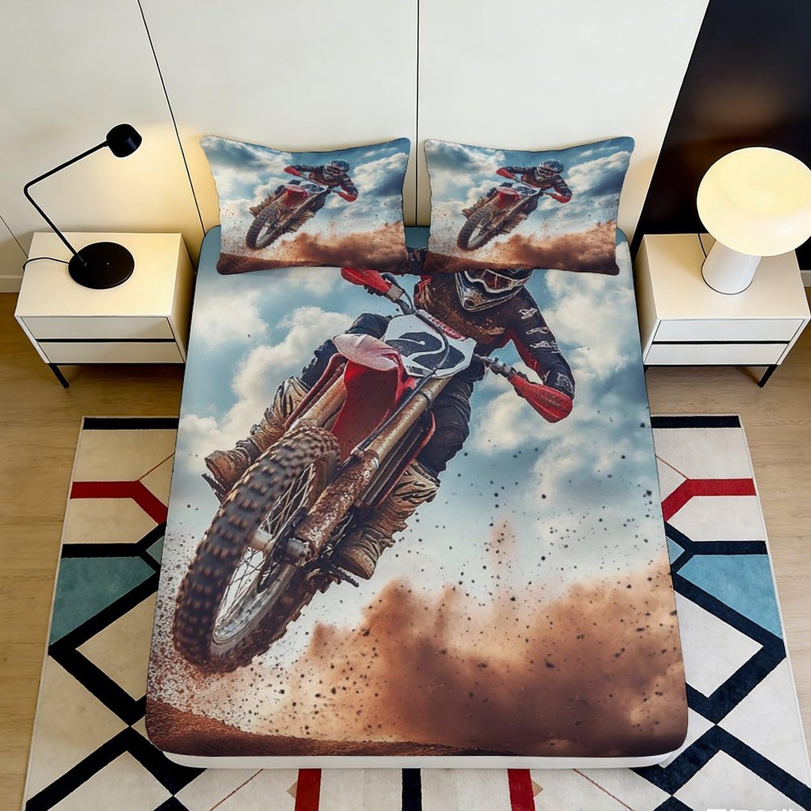 3D Printed Motocross Racing Fitted Sheet Microfiber Soft Dirt Bike Mattress Cover for Bedroom Dorm Bed Decor 90x200x25cm