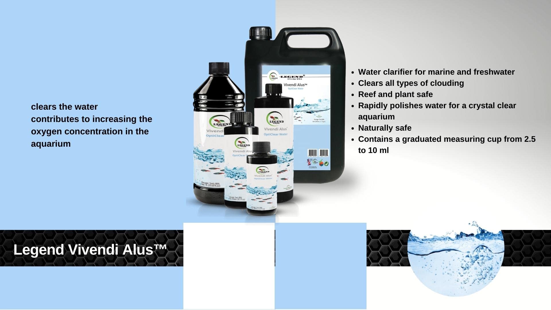 Legend Vivendi Alus Traitement de l'eau transparente pour aquarium 100 ml, 250 ml, 5000 ml, 1000 ml
