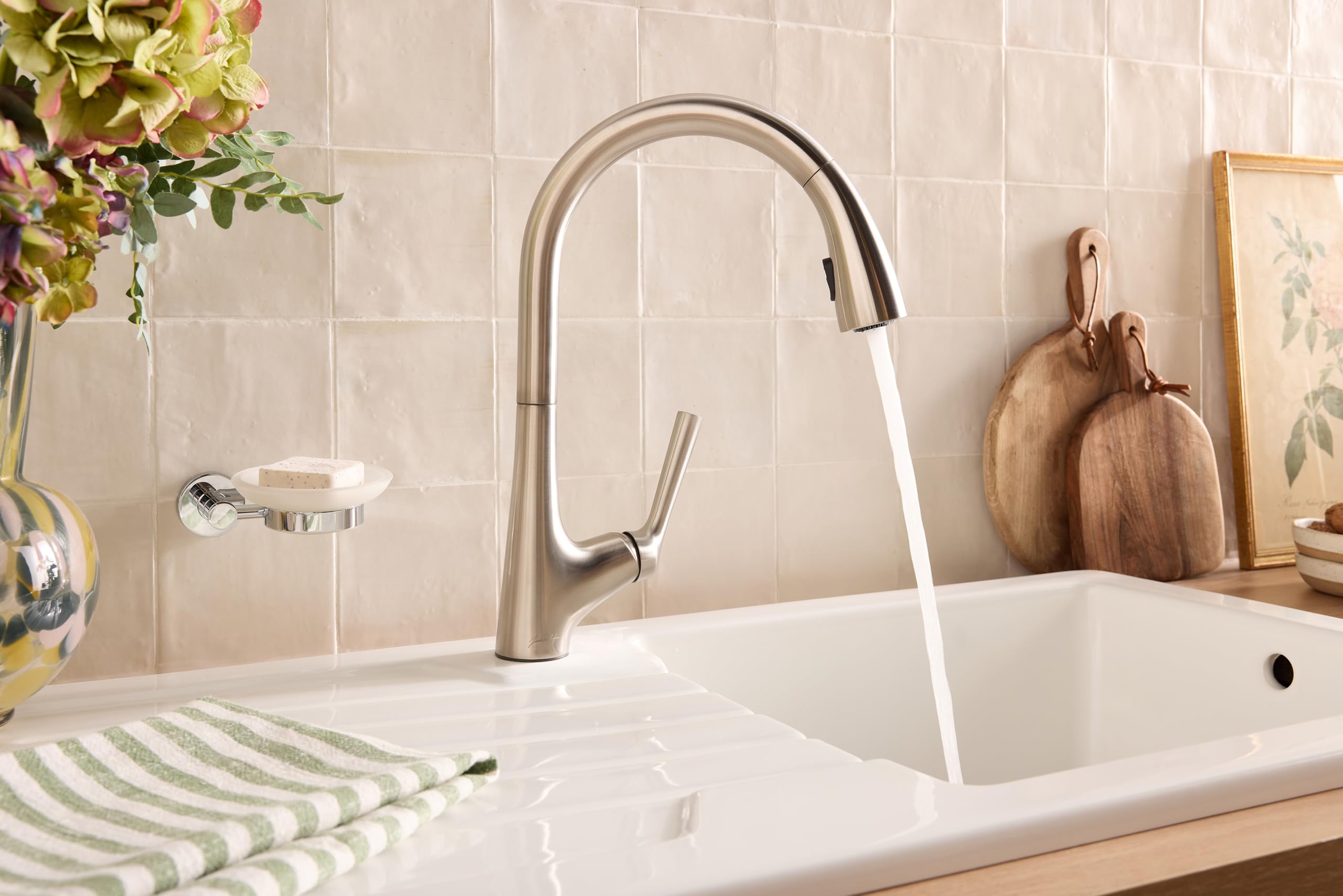 Jacob Delafon Mitigeur Évier de Cuisine Forte, Douchette 2 Jets, Inox | Bec 24,3cm. Pivotant 360°. Débit 7 L/min. Jet lame. Cartouche céramique
