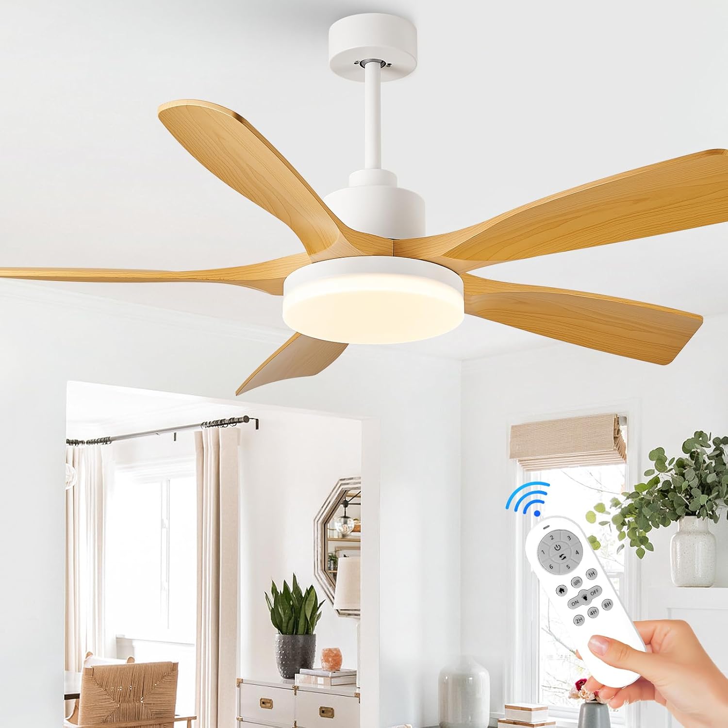 Ceiling Fan with Lights 60 Inches Ceiling Fan with Remote Control White Reversible DC Motor Modern Farmhouse for Bedroom Living Room Dining Room 5 Wood Painted Blades 6-Speed