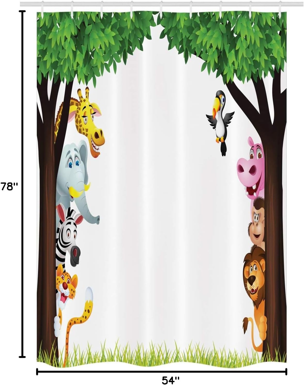 Ambesonne Cartoon Stall Shower Curtain, Big Trees and Friendly Jungle Savannah Animals Wilderness Tropical Wildlife, Fabric Bathroom Decor Set with Hooks, 54" W x 78" L, Green Multicolor