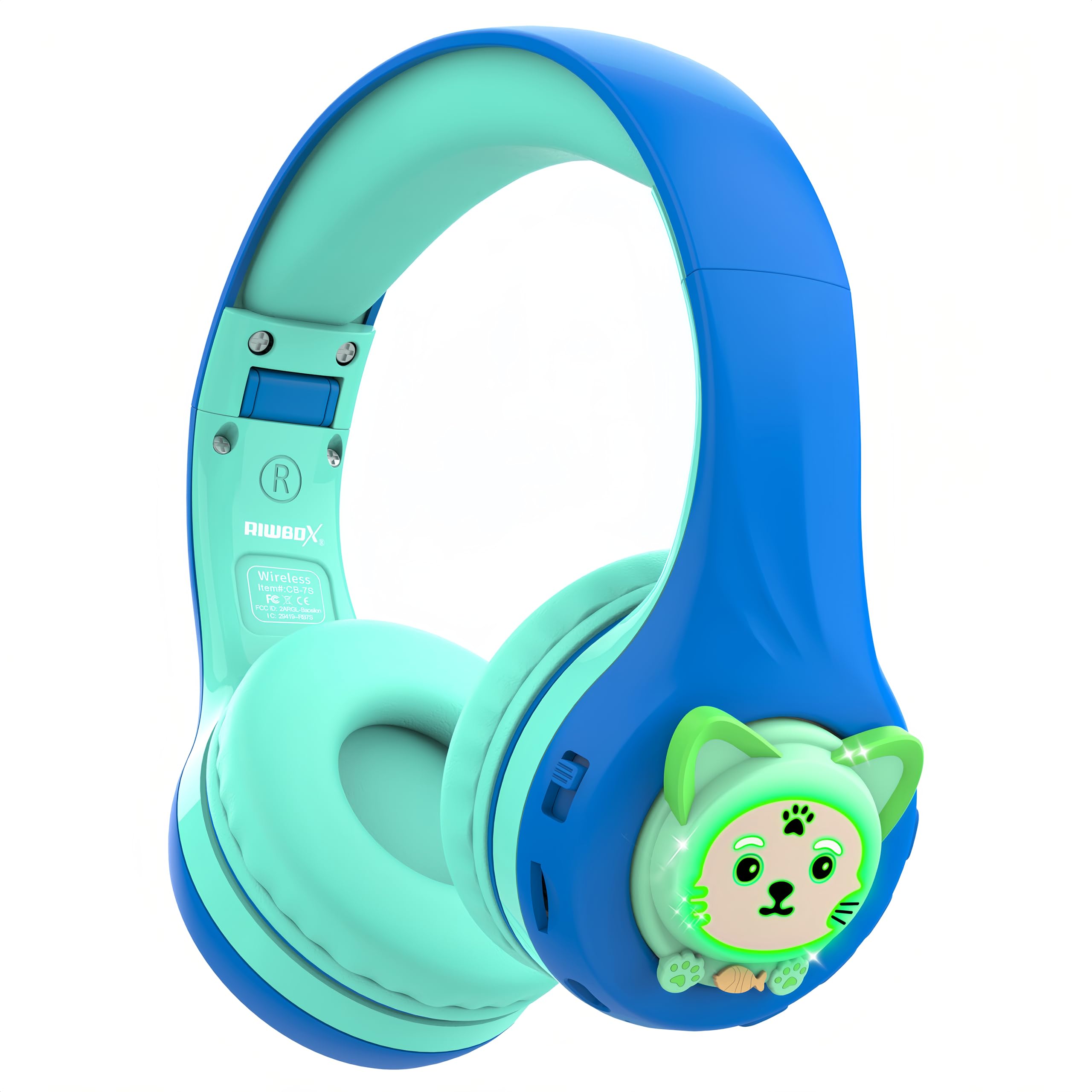 Riwbox CB-7S Kids Wireless Headphones,with Safe Volume Control 74/85/95dB,LED Glow Lights,50H Playtime,Bluetooth 5.3,Built-in Mic, TF Card Slot for Tablet/Phone (Blue&Green)-image-22
