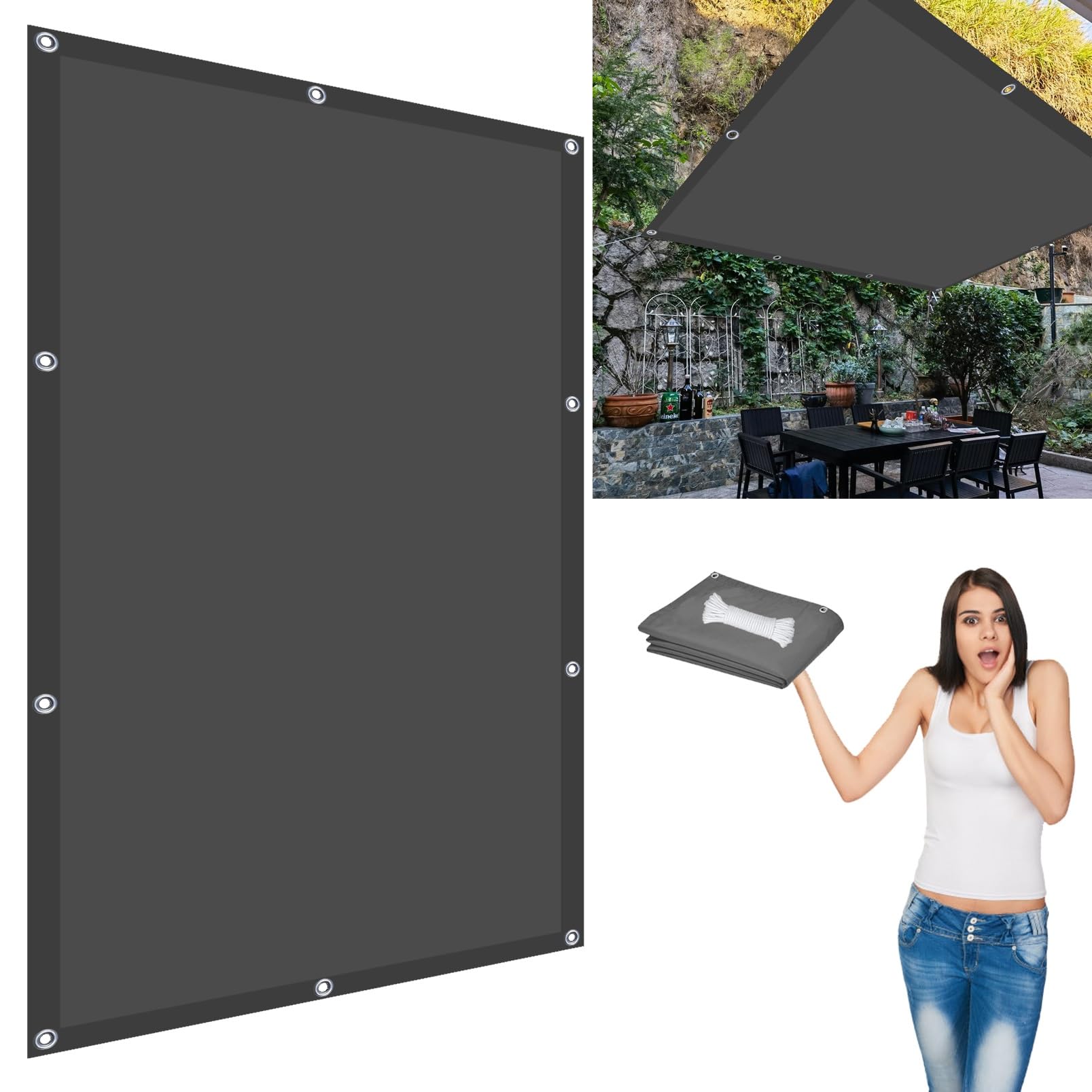 Toldos Exterior Terraza Impermeable 4 x 4 m Tela Parasol Cuerdas Fácil de Instalar Durable Protección Solar para Exteriores Pergola Jardín Terrazas Piscina, Antracita