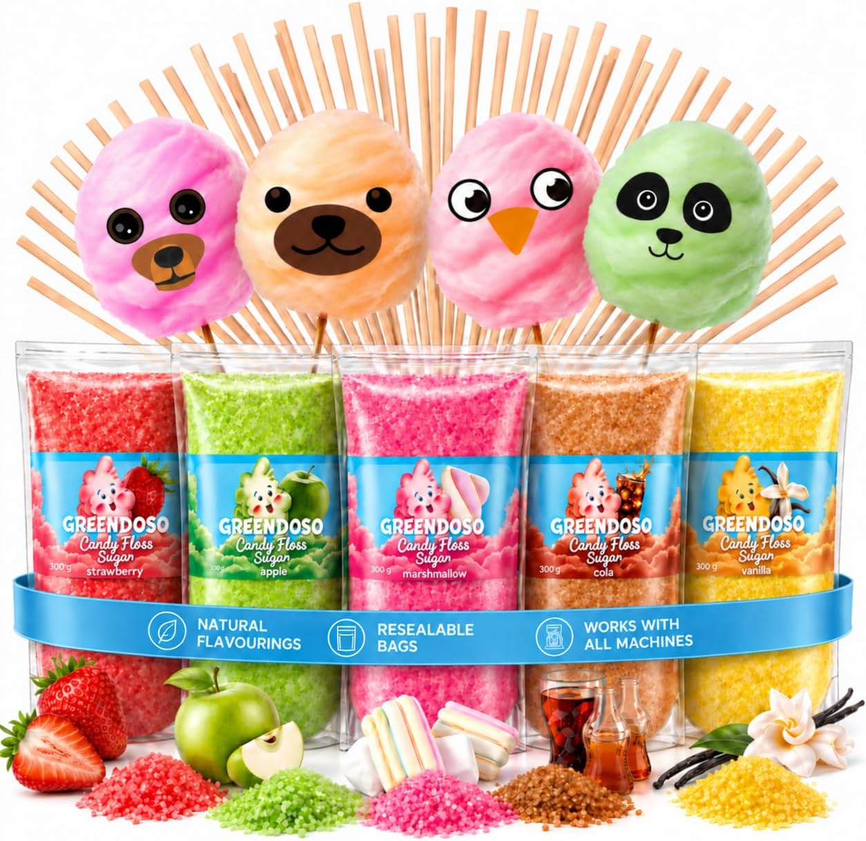 GREENDOSO® Candy Floss Sugar for Machine 5x300g, 50 Sticks - Cotton Candy