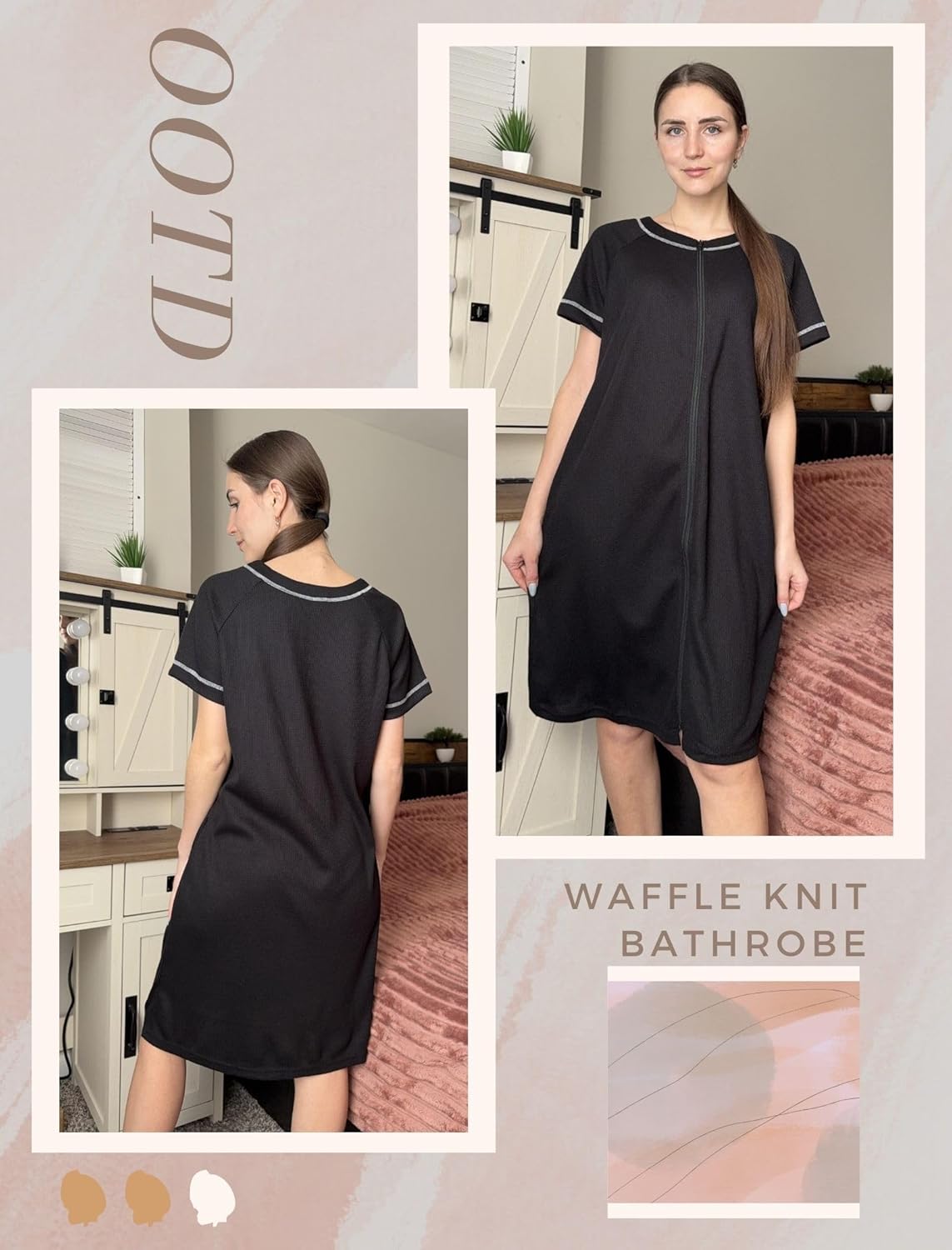 Ekouaer Women Zipper Robe Short Waffle Knit Bathrobe Lightweight Housecoat Soft Knee Length Loungewear with Pockets Black, L - Image 4