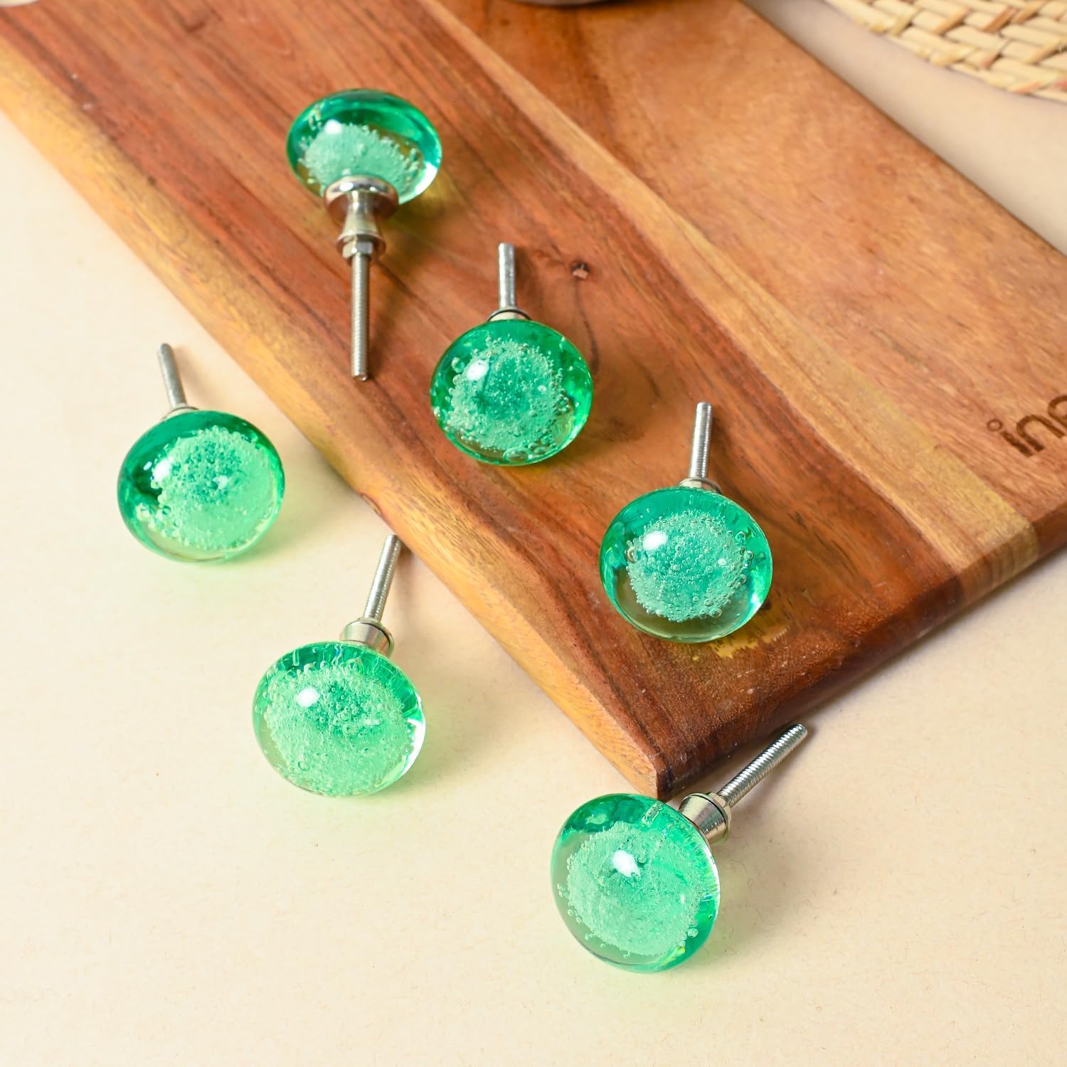 Perilla Home Set of 6 Bubble Knobs - Decorative Light Green Crystal Knobs - Glass Knob for Home Decor, Interior, Kitchen Cabinet, Hardware, Cupboard, Door, Dresser, Wardrobe and Drawer Pulls Handles