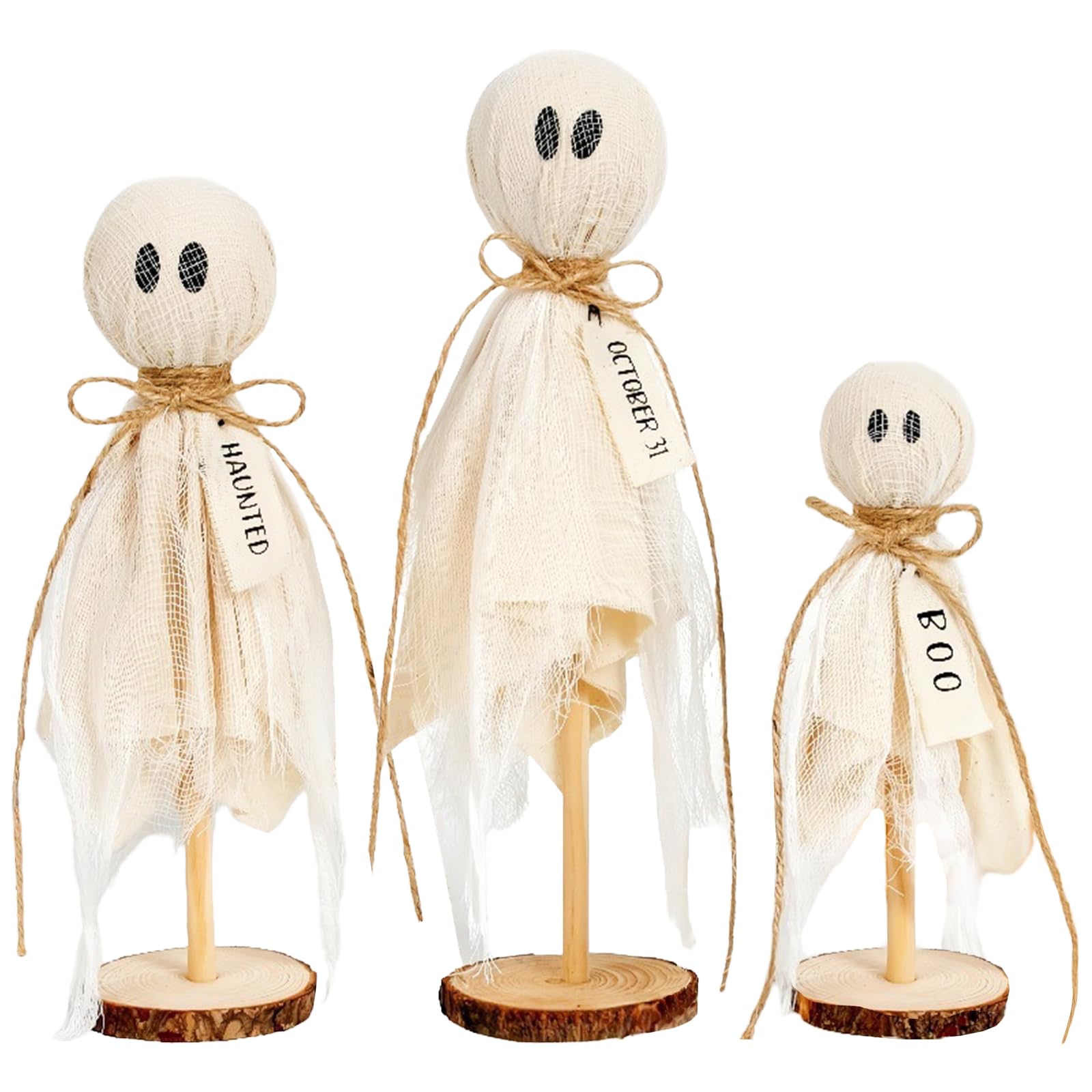Molucks White 3Pcs Halloween Decoration Indoor-Primitive Halloween Ghost On Wooden Stand, Spooky Cute Table Centerpieces For Home Office Mantel Shelf