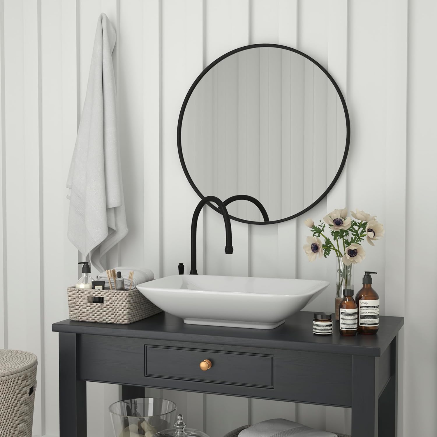 Flash Furniture Julianne Large Round Wall Mirror - Black Circle Accent Mirror - 30" Vanity Mirror - for Bathroom, Vanity, Entryway, Dining Room, & Living Room
