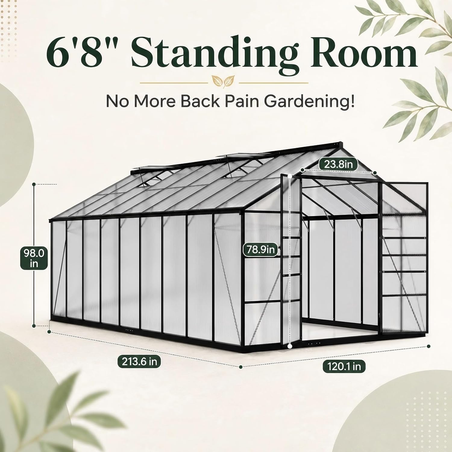 10x18 FT Aluminum Greenhouse, Durable Walk-in Polycarbonate Greenhouse Kit with Adjustable Roof Vent, Easy Assembly Outdoor Garden Greenhouse for Backyard, Black