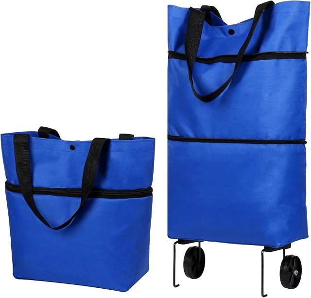 Collapsible Trolley Bag Foldable Shopping Trolley on Wheels Oxford Cloth Foldable Shopping Trolley Bags Reusable Shopping Cart for Home Super Markets(Blue)