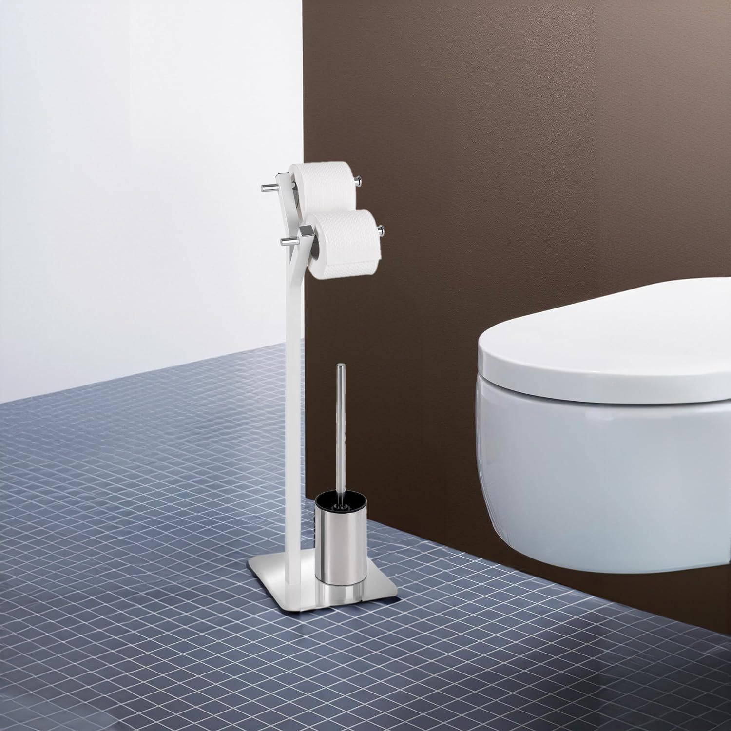 Avilia Piantana da Terra ad Albero Portarotolo e Porta Scopino in Acciaio Inox - Utile per Carta Igienica e Scopino WC, Design Pratico e Stabile, Bianco, 20x73.5x20cm