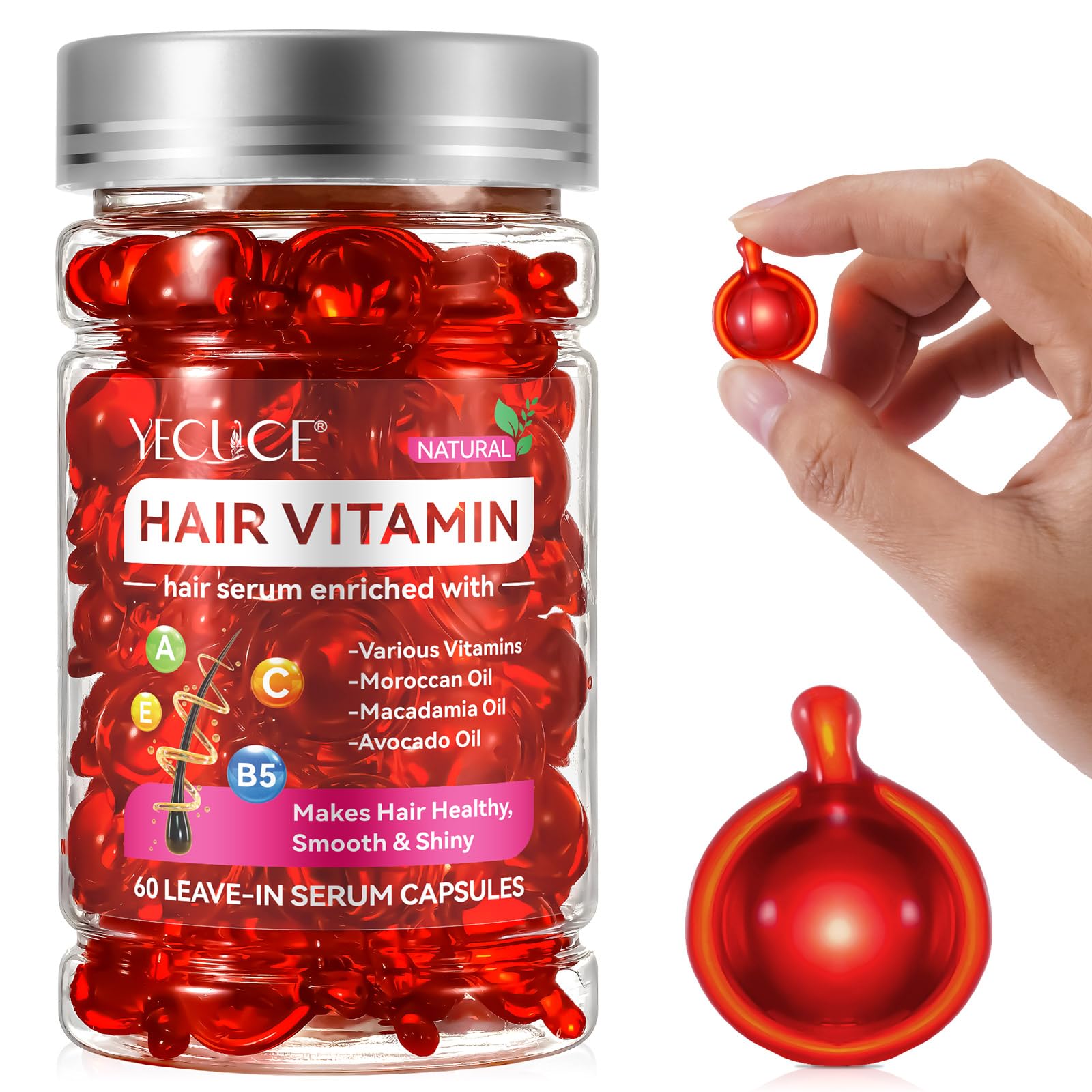 Hair Vitamin Serum Capsule, Hair Treatment Serum, Enriched with Moroccan Macadamia Avocado Oils, Vitamins A C E Pro B5, No Rinse Conditioner for All Hair- 60 Pcs