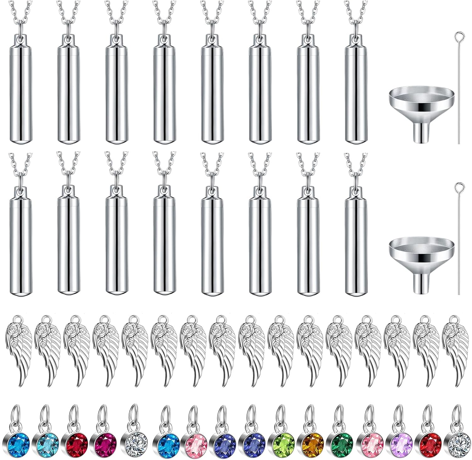 Urn Necklace For Ashes, 16 Pieces Urn Necklace, Stainless Steel Cremation Jewelry For Women Men, Cylinder Keepsake Pendant With Funnel(silver,16 Pieces)