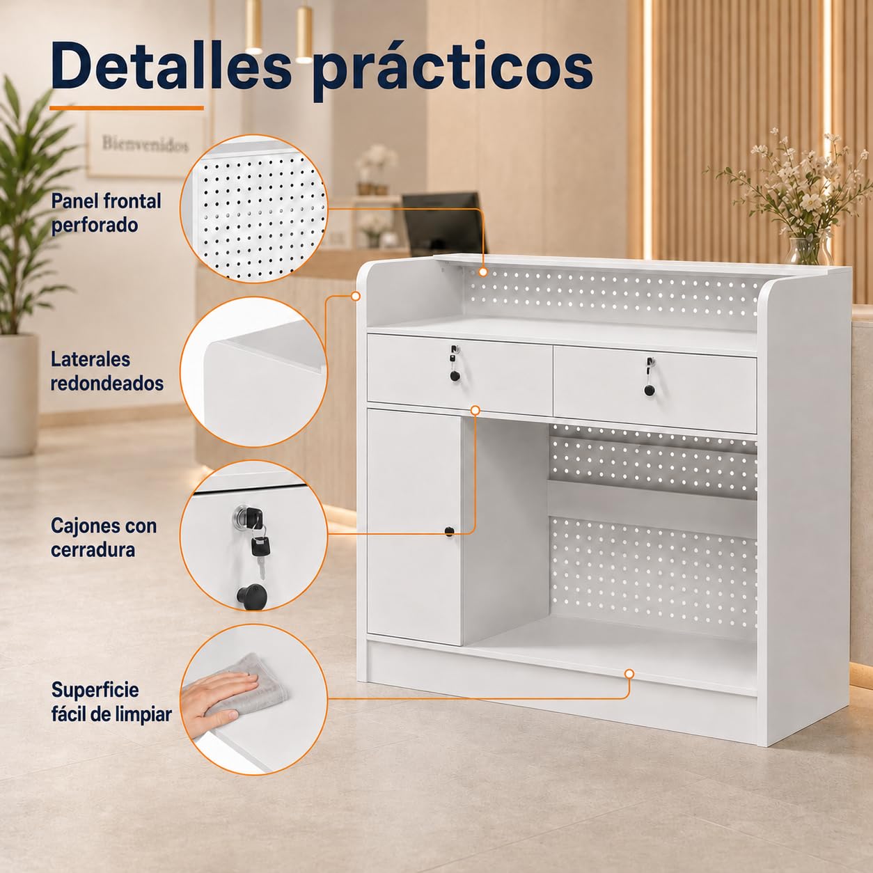 Mostrador de Recepción Blanco 120cm con Panel Perforado – Caja Registradora con 3 Estantes Ajustables, 2 Cajones con Llave, Puerta y Almacenaje – Mostrador para Tienda, Salón, Oficina, 120×110×50cm