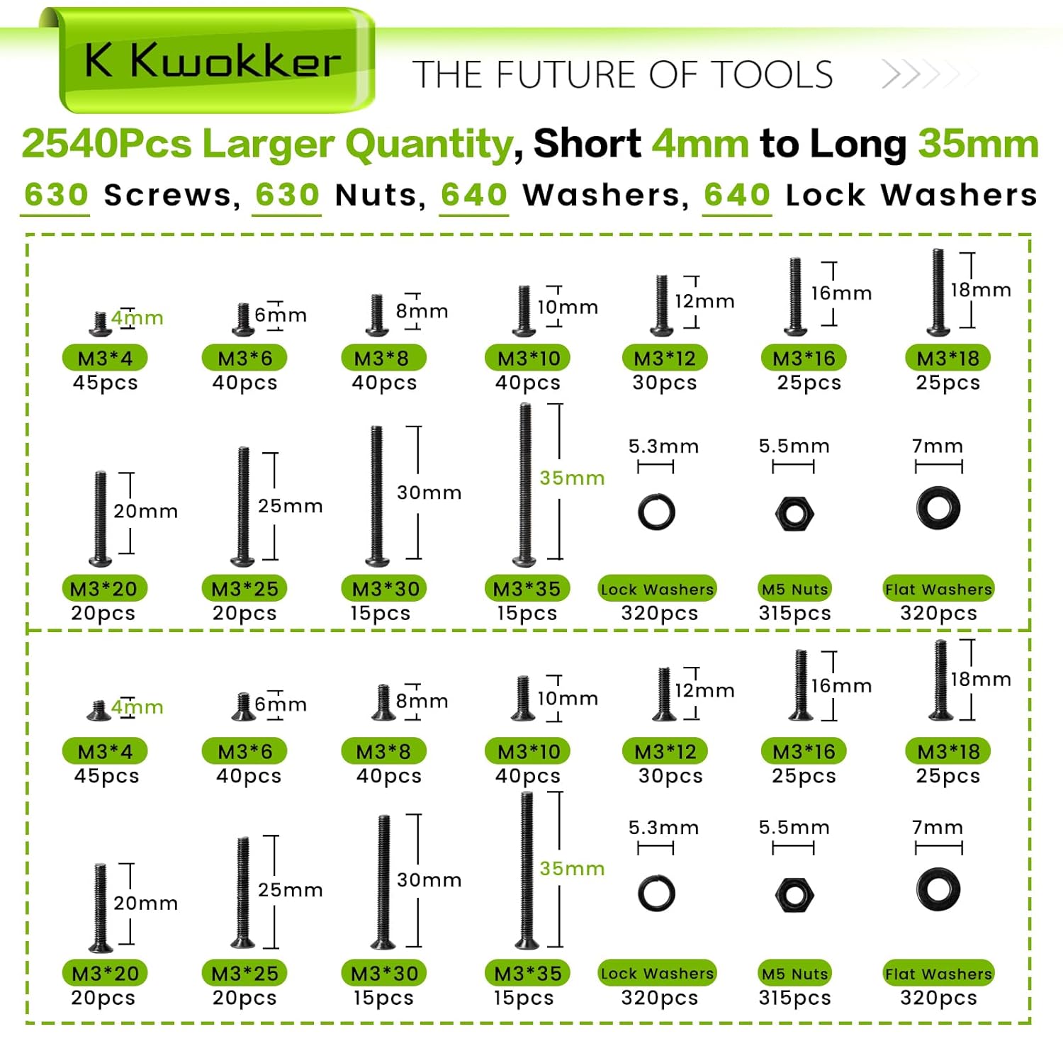 #2-56#4-40#6-32#8-32#10-24 Phillips Pan Head Machine Screw Assortment + 2540Pcs M3 Screw Kit 4MM to 35MM M3 Button Head Screws & M3 Flat Head Screws
