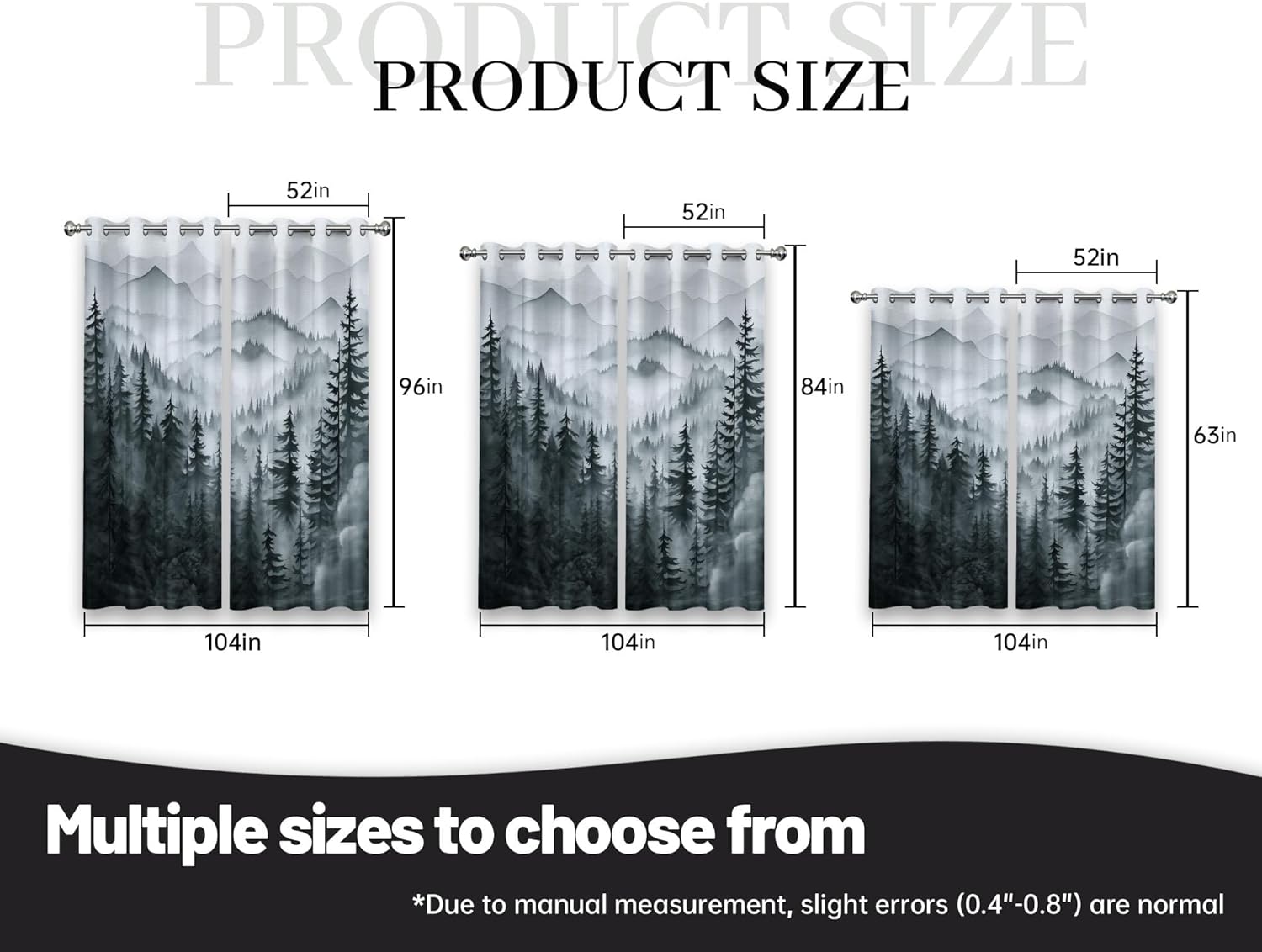 Grey Forest Blackout Curtains, Cool Black and White Gray Window Drapes for Mens Bedroom Living Room, 96 inch Length 2 Panels Set，52x96in