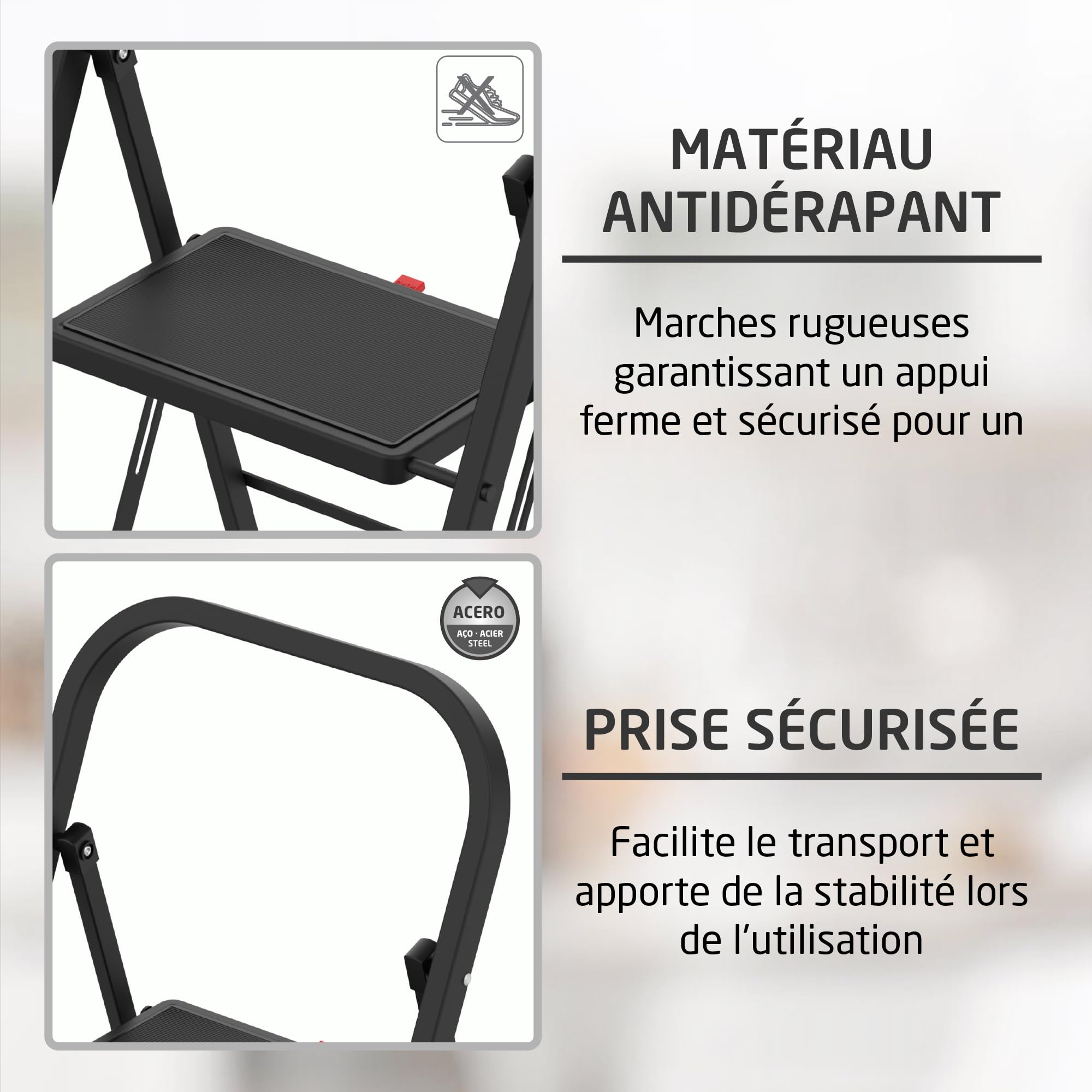 Amig Échelle Pliable 3 Marches Acier Noir 106x72x46 cm