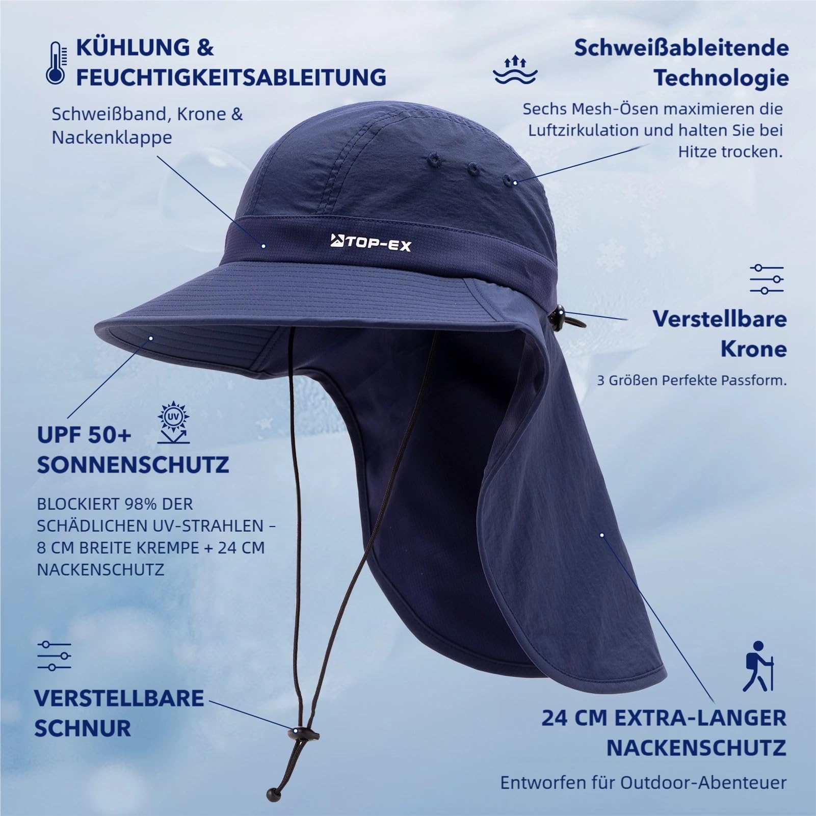 TOP-EX Sombrero de sol para hombre con protección para el cuello, protección UV 50+, sombrero de senderismo con tecnología de refrigeración, ala ancha y plegable, sombrero de pescador de safari para