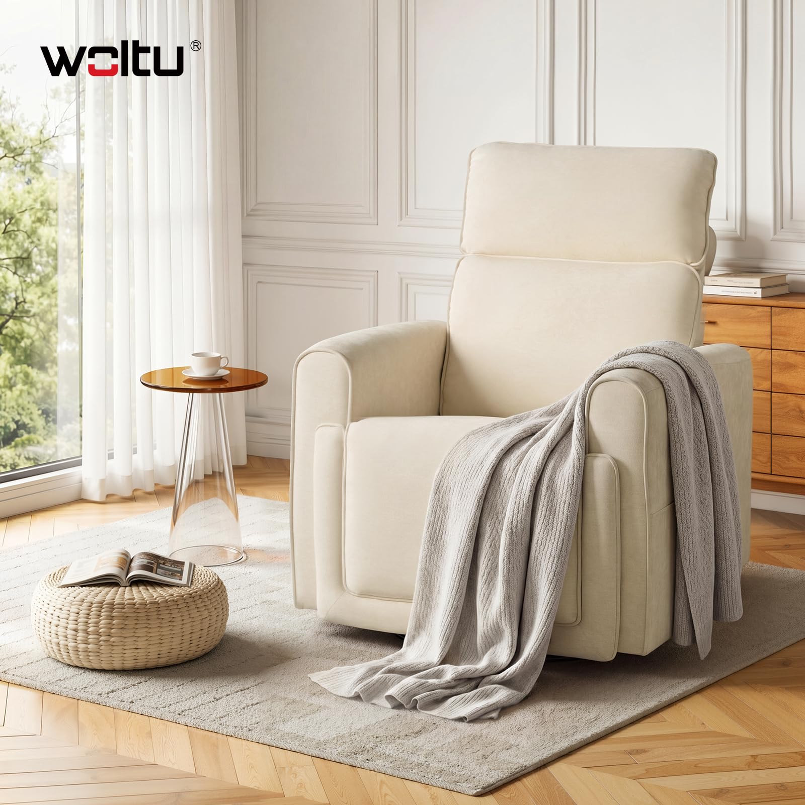 WOLTU Poltrona Reclinabile Massaggiante con Funzione Riscaldamento, Sedia Ergonomica, Girevole e Oscillante, con Poggiatesta, Tasche Laterali e Porta USB, per Soggiorno, Camera da Letto, Beige