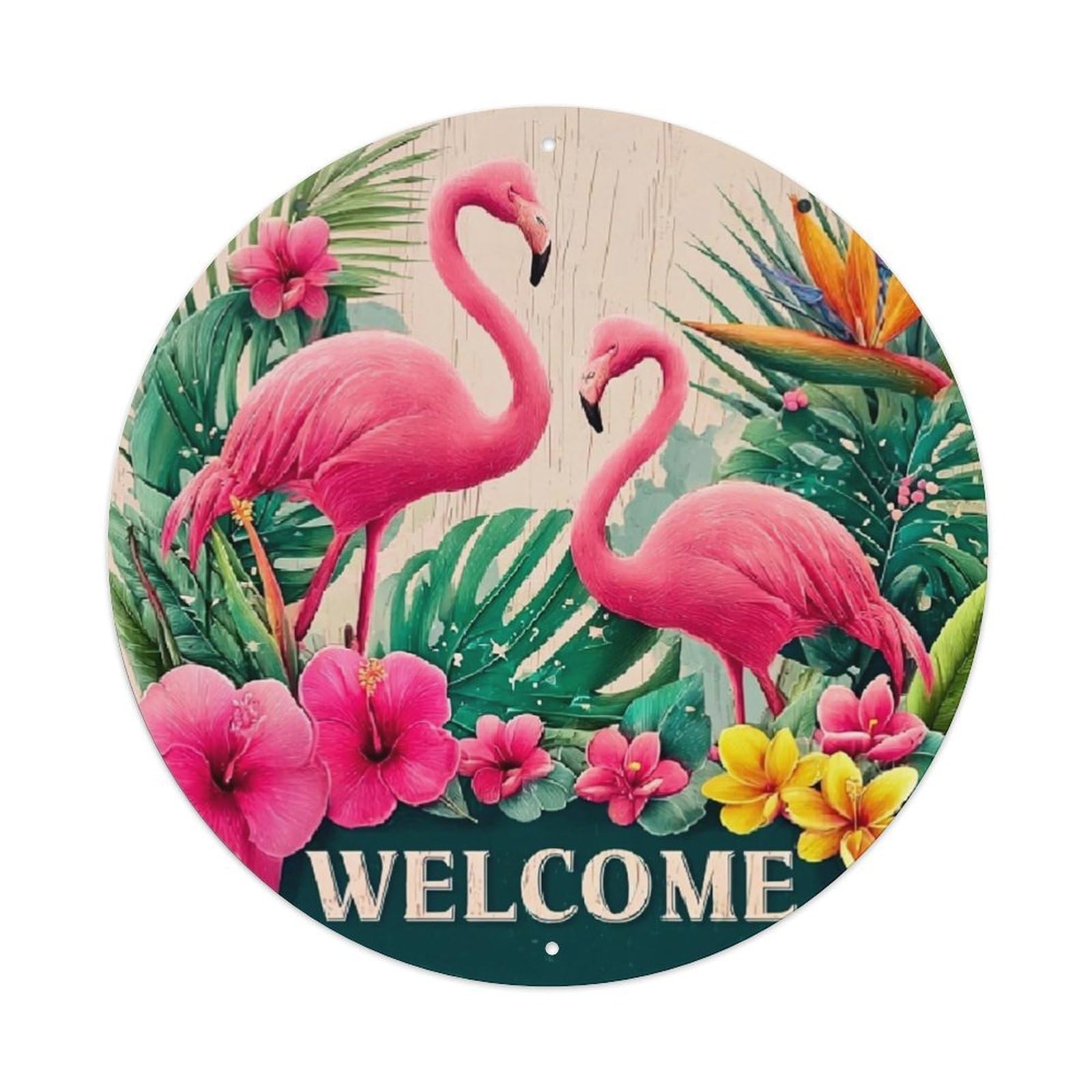 Pink Flamingos Tropical Flowers Welcome Retro Metal Tin Sign, Vintage Metal Poster for home, Gaming Room, Studio Workshop,Bar,Garage Wall Art Decor 8x8 inch