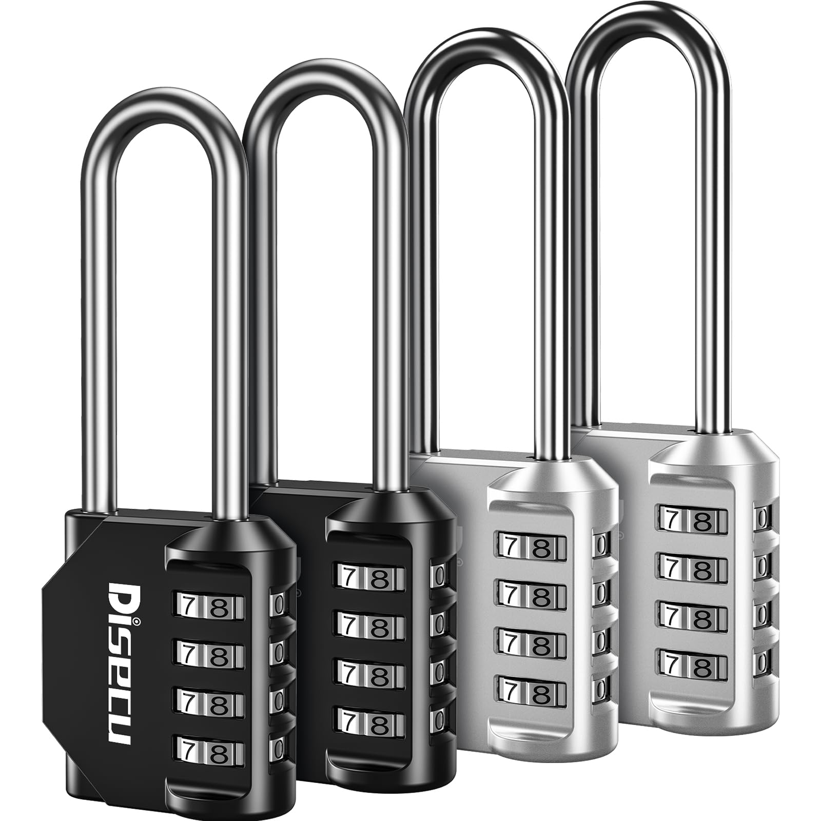 4 Pack disecu 2.6 Inch Long Shackle Combination Lock, 4 Digit Outdoor Waterproof Padlock for School Locker, Gym Locker, Storage Unit, Gate, Fence, Toolbox, Cabinet (Black and Silver)