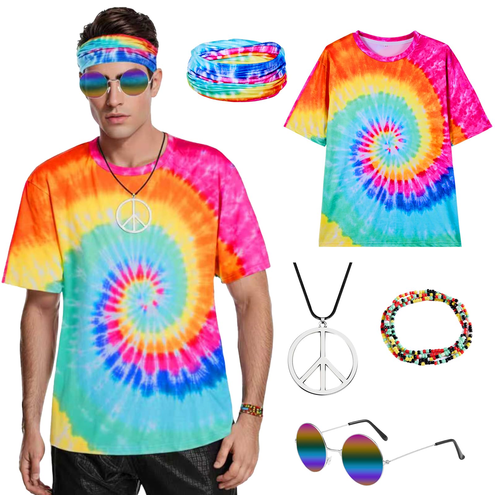 Disfraz Hippie Hombre, Disfraz Años 80 70 60, con Hippie Accesorios, Traje de Discoteca, Flower Power,Disfraces Halloween Originales Carnaval
