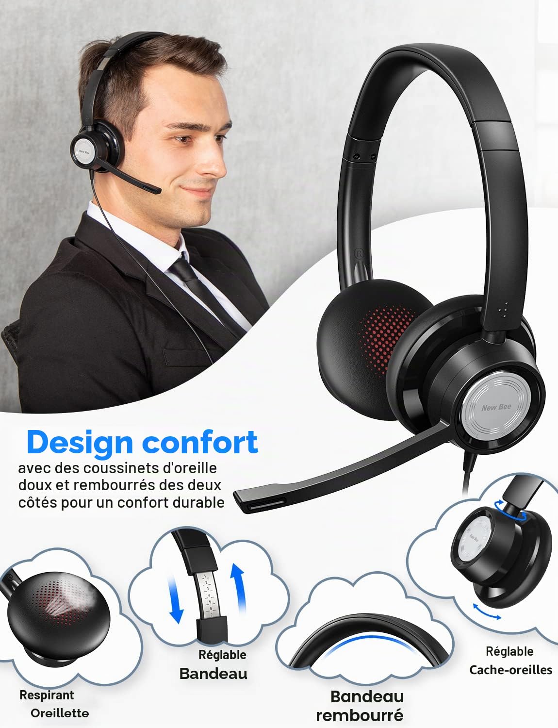 New Bee Casque Micro, Casque USB,Casque PC Microphone Réglable,Casque USB d' Conférence/Skype Chat/Cours en Ligne