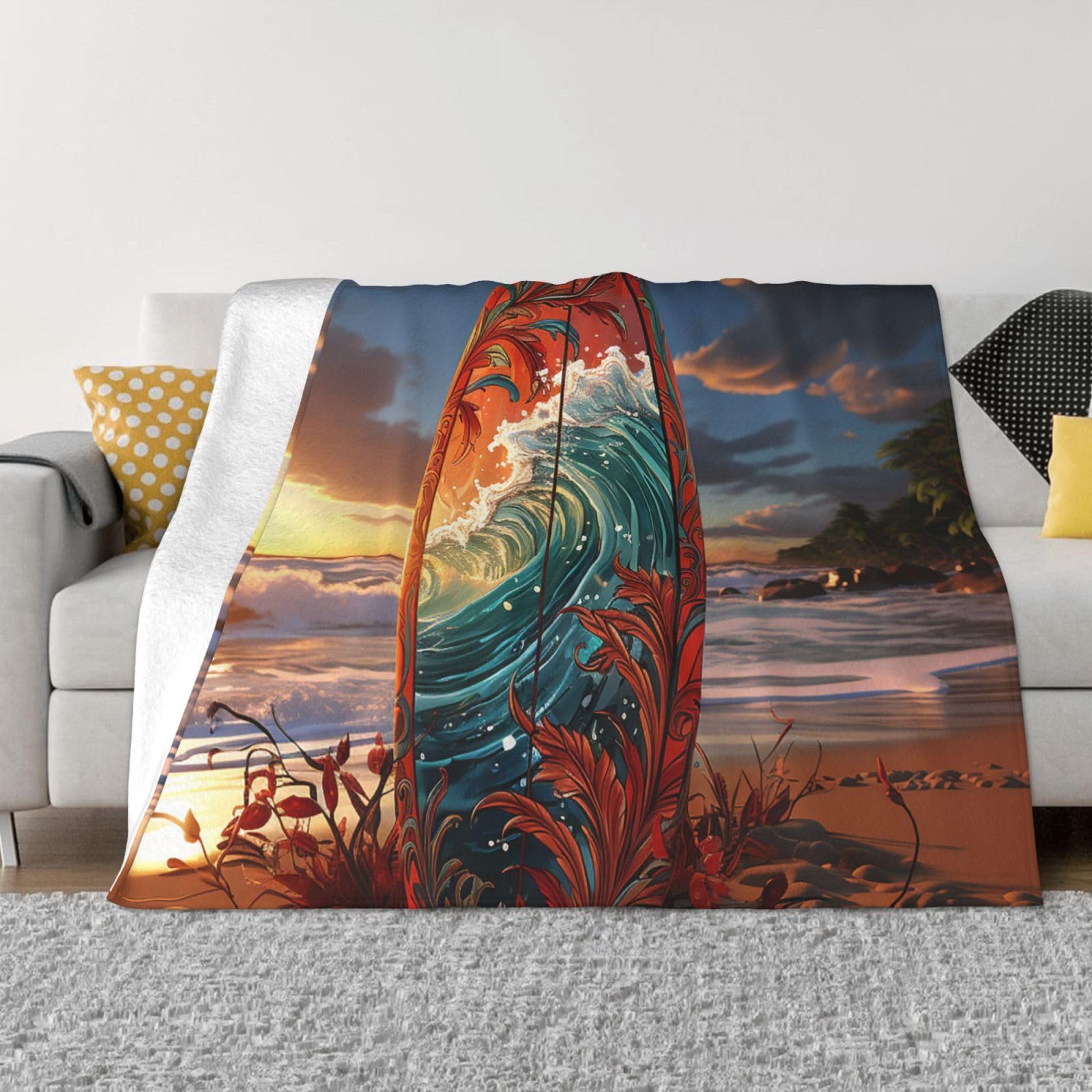KLOPH Colorful Surfboard Throw Blanket 80"x60" Flannel Fluffy Warm Blanket for Couch, Reversible Plush Blankets for Bed, Comfy Fuzzy Blanket for Sofa, Plush Lightweight-Blankets for All Season