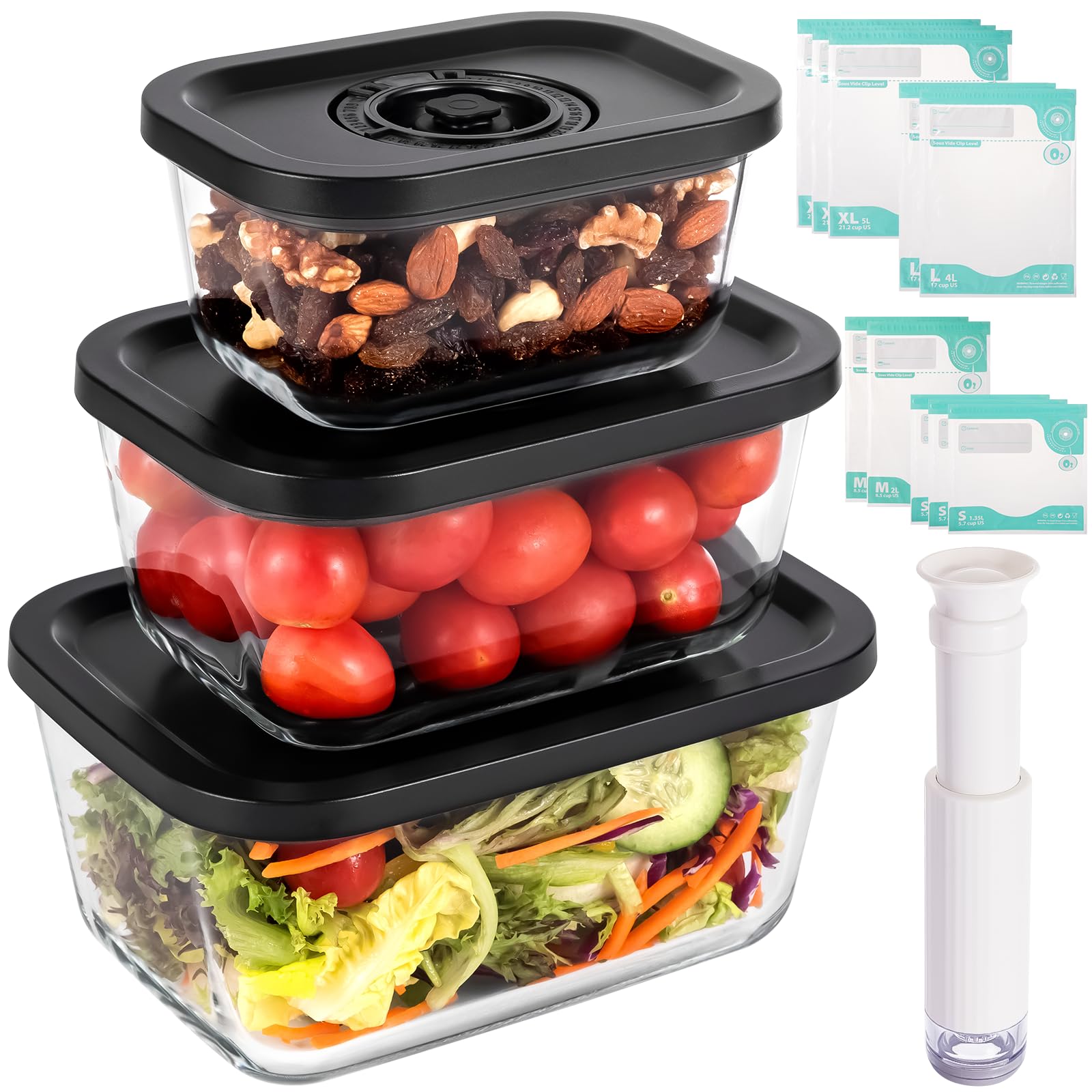 Premium 3-teiliges Borosilikatglas Vakuum Frischhalteset - 3 Größen (470ml, 800ml, 1400ml) + Handvakuumpumpe & 10 wiederverwendbare Beutel - Auslaufsicher, Backofen/Mikrowelle