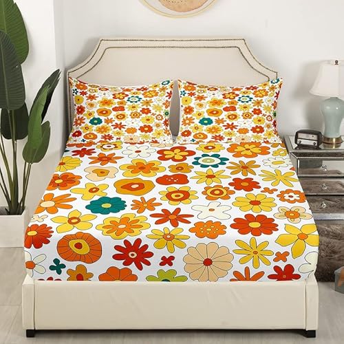 70S Retro Flowers Fitted Sheet,Vintage Autumn Floral Bed Cover All-Round Elastic Deep Pocket For Kids Boys,Wavy Geometric Hippie Soft Microfiber Bed Sheet(1 Pillow Sham), Twin Size #TOP2