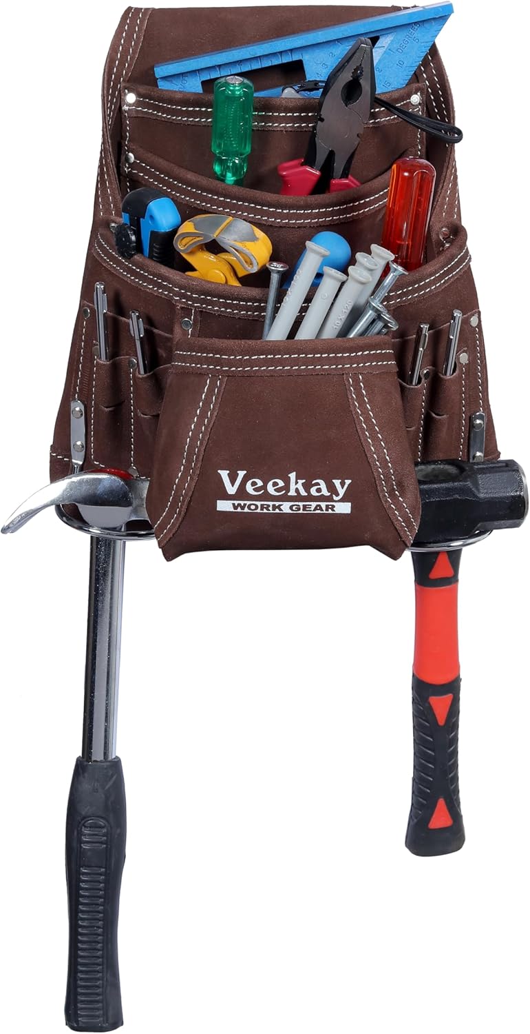 VEEKAY 10 Pockets Men Suede Leather Tool Pouch Beige and Brown Color Bags Fastener Carpenter's Nail & Tool Bag Heavy Duty Steel Hammer Loop, Belt Loop for Electrician Technician Installers