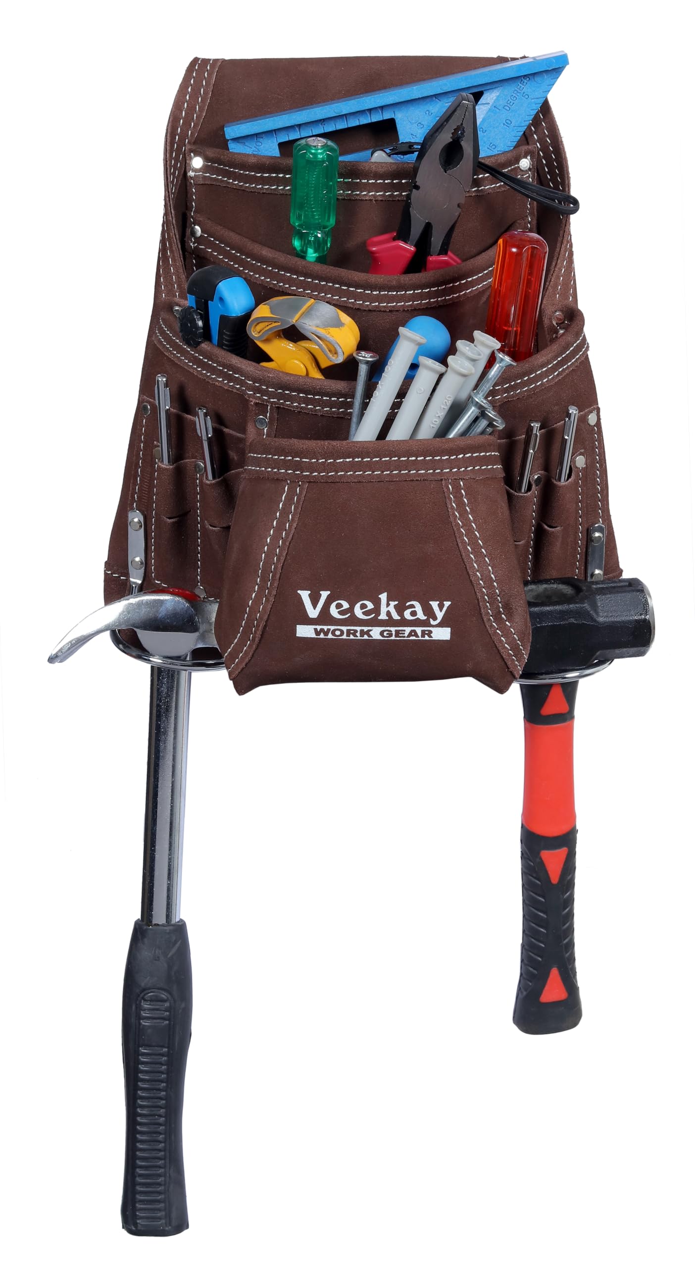 VEEKAY 10 Pockets Men Suede Leather Tool Pouch Beige and Brown Color Bags Fastener Carpenter's Nail & Tool Bag Heavy Duty Steel Hammer Loop, Belt Loop