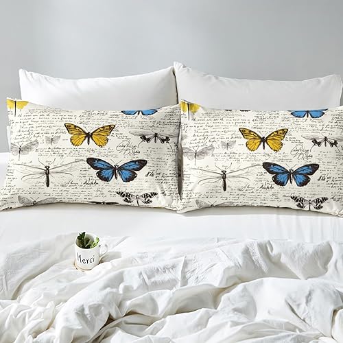 Miniatura 4 de Erosebridal Juego de sábanas bajeras con temática de animales botánicos de libélula, tamaño Queen, con texto retro para niños, sábana superior de