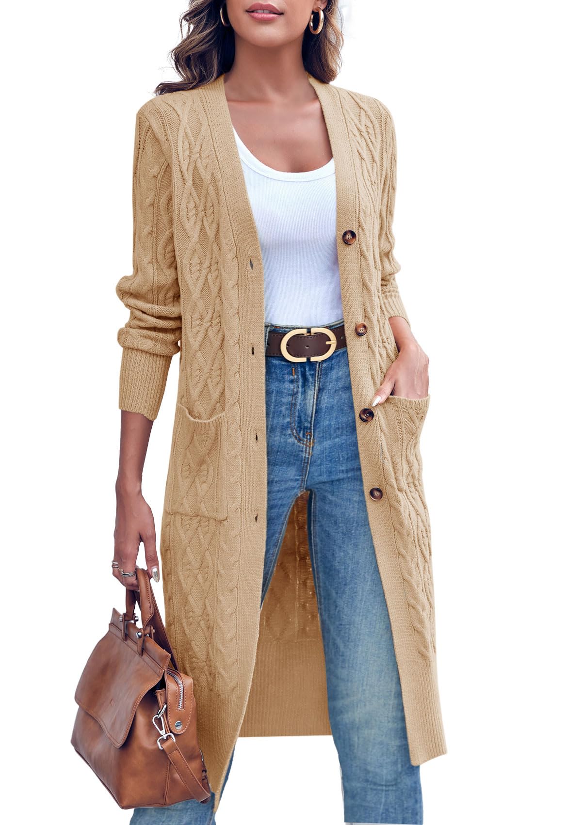 Imily Bela Strickjacke Damen Lang Zopfmuster Open Front Cardigan Langarm Herbst Winter Strickcardigan mit Taschen