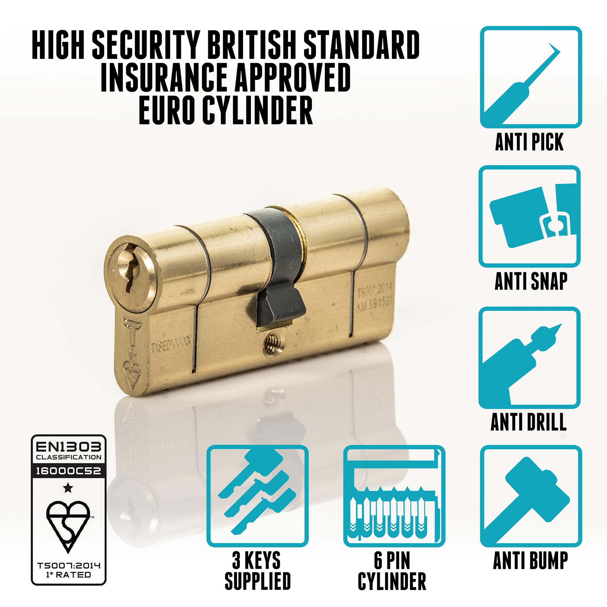TSS Polished Brass High Security TS007 1 Star Euro Cylinder Lock, British Standard - Image 3